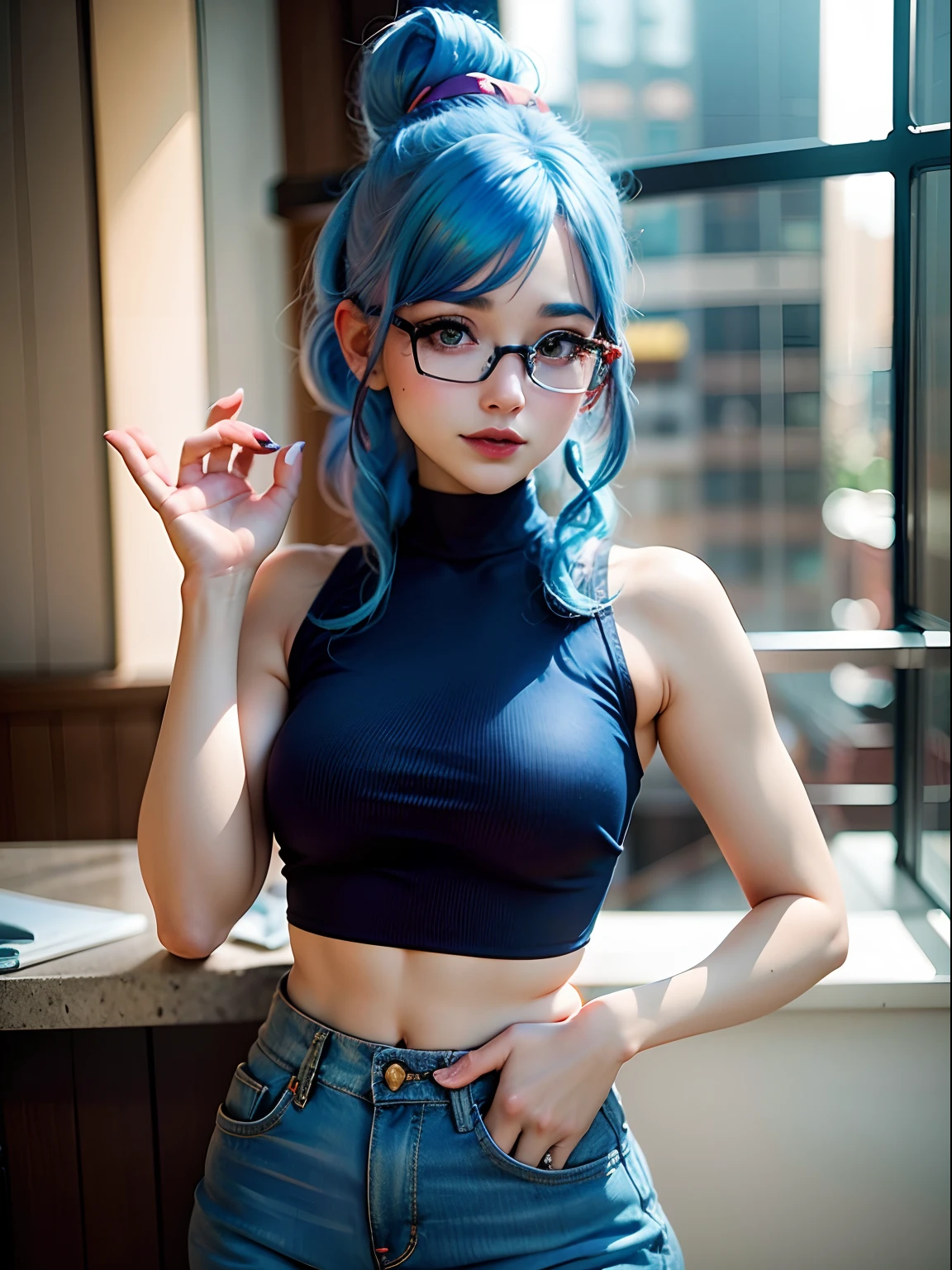 arafed woman with blue hair and glasses posing for a picture, bulma from dragon ball, anime girl cosplay, anna nikonova aka newmilky, glamourous cosplay, artgerm and lois van baarle, ig model | artgerm, amouranth, cosplay, anime girl in real life, beautiful blue haired girl, metal top and jeans