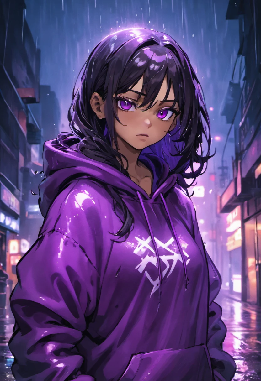 Closeup photograph, confident young cyberpunk, tan skin girl with black long wavy hair wearing purple hoodie, in a rain soaked street at night, photorealistic, cinematic lighting
