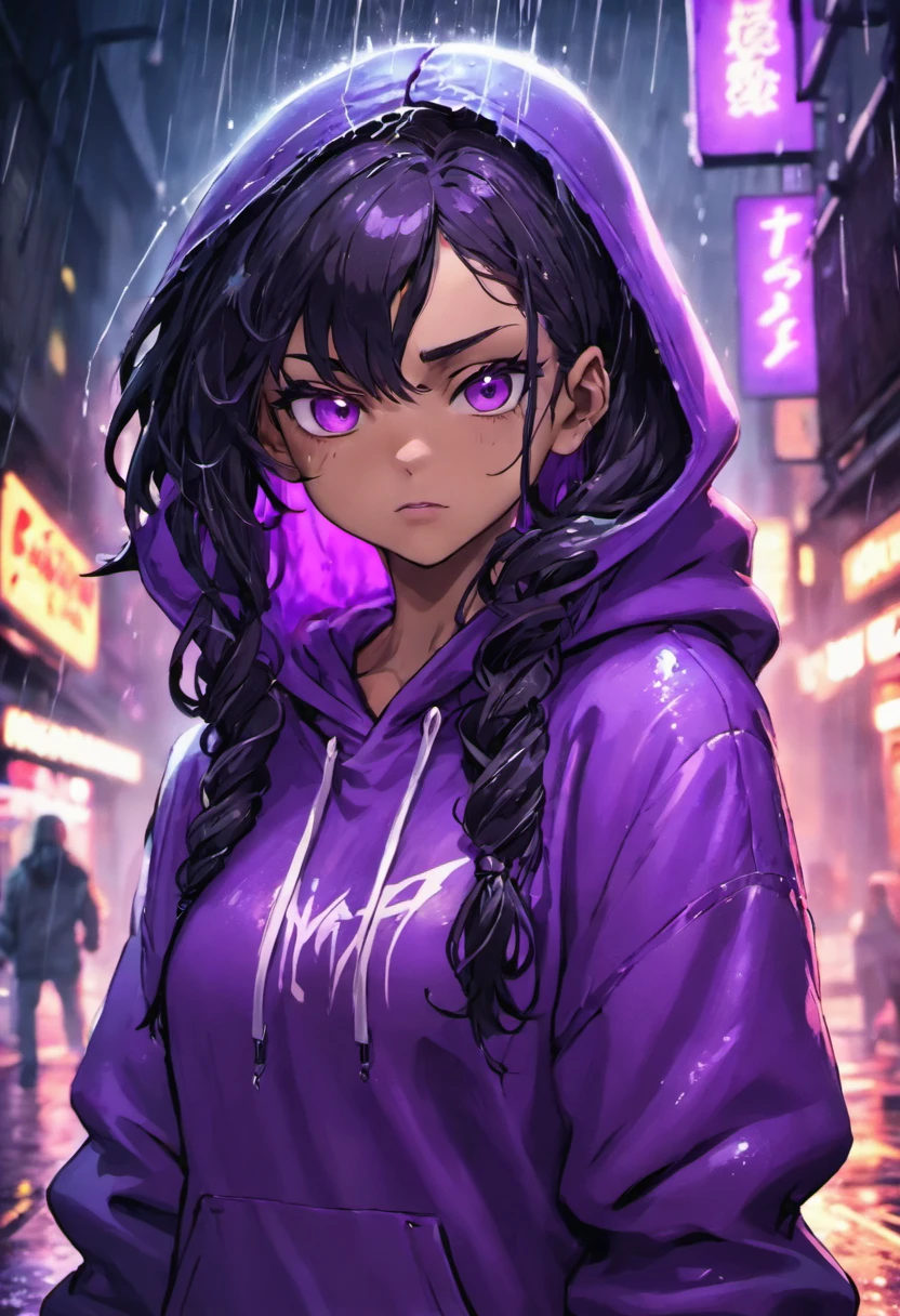 Closeup photograph, confident young cyberpunk, tan skin girl with black long wavy hair wearing purple hoodie, in a rain soaked street at night, photorealistic, cinematic lighting