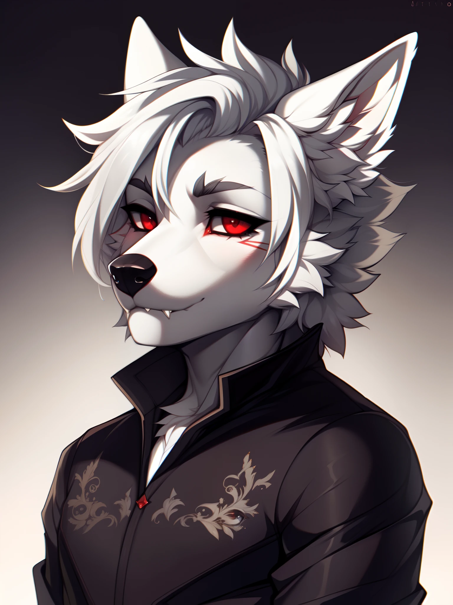 Astarion, by hyattlen, by fumiko, by claweddrip, a white feminine wolf boy, male, cute snout, black nose, white hair, hair swept back, red eyes, elegant clothing, vampire fangs,