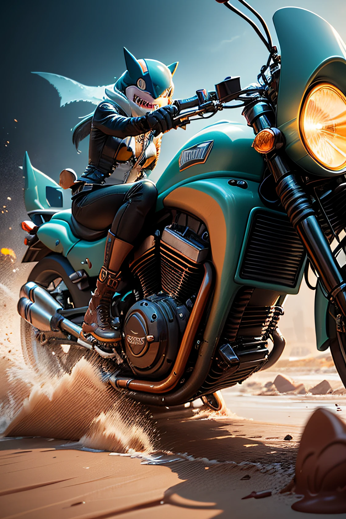 Comic style, A shark, riding a chopper motorbike, (liquid chocolate filled the ground)::2, chocolate water turning wheel, A side view offering a lateral perspective, happy face, excited eyes, Yellow background, front light, ultra detailed, centered of frame, 8K, --ar 1:1 --q 5 --v 5.2