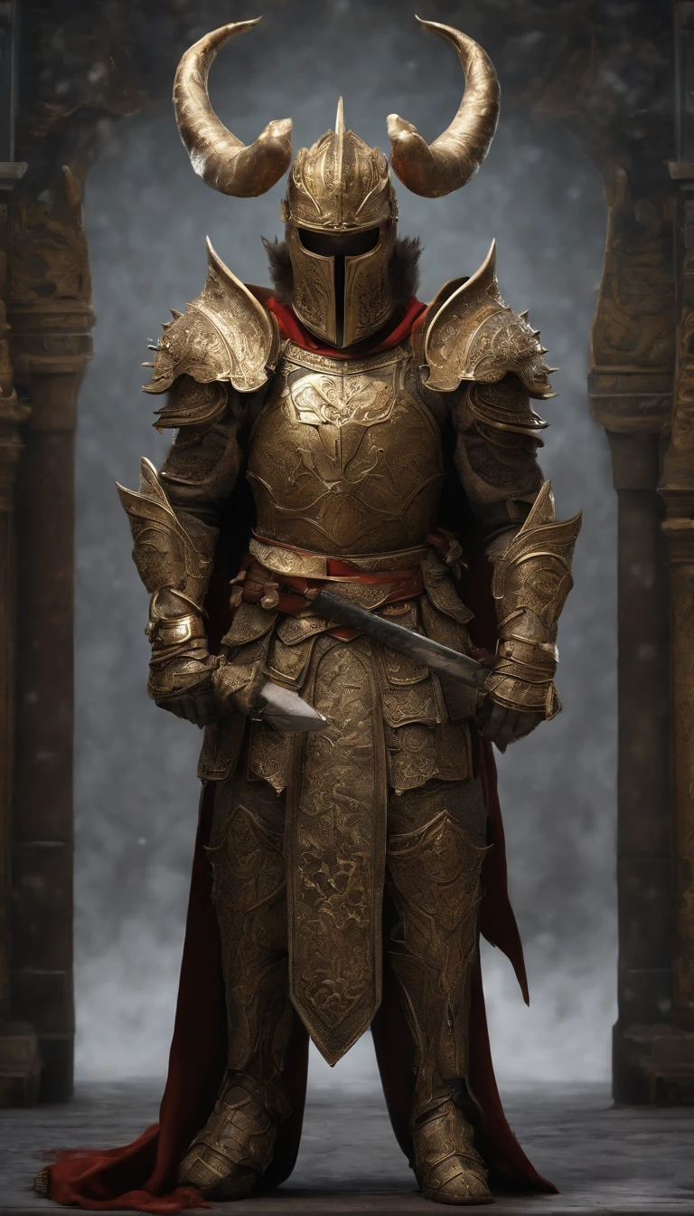 warrior, concept-art, author:Kishiganku, Fantasy art, Zen temple background, clean render, a horned, Wear a set of armor, Detailed bushido form smoke, helmet of a forgotten deity, character is standing, 8k Realistic, in game render, detailed face background detail, Art station front page, taur, Pseudo-medieval fantasy, A deity wearing koi armor, detailed bronze armor, Bronze armor, golden etched armor, gold obsidian armor, Light gold armor, Gorgeous filigree armor, A demonic warrior, Gorgeous armor full of thorns, Intricate assasin armor, Intricate metal armor, powerful warrior, Dressed in gorgeous golden armor,Decorated with intricate patterns, The helmet has a large crown and two horns, Everything is in the dark, The smoky background alludes to battle scenes, Add an ominous aura to his character,submission, Full body shot.