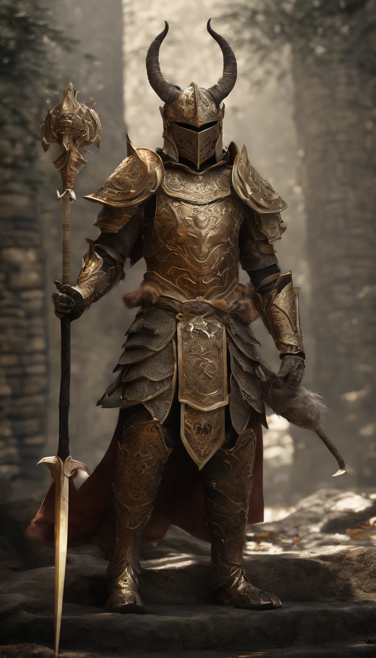 warrior, concept-art, author:Kishiganku, Fantasy art, Zen temple background, clean render, a horned, Wear a set of armor, Detailed bushido form smoke, helmet of a forgotten deity, character is standing, 8k Realistic, in game render, detailed face background detail, Art station front page, taur, Pseudo-medieval fantasy, A deity wearing koi armor, detailed bronze armor, Bronze armor, golden etched armor, gold obsidian armor, Light gold armor, Gorgeous filigree armor, A demonic warrior, Gorgeous armor full of thorns, Intricate assasin armor, Intricate metal armor, powerful warrior, Dressed in gorgeous golden armor,Decorated with intricate patterns, The helmet has a large crown and two horns, Everything is in the dark, The smoky background alludes to battle scenes, Add an ominous aura to his character,??????????, Full body shot.