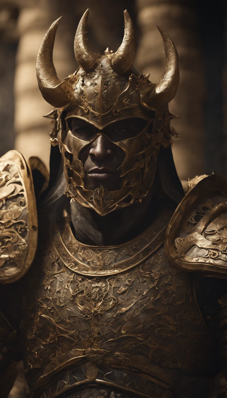 warrior, concept-art, author：Kishiganku, Fantasy art, Zen temple background, clean render, a horned, Wear a set of armor, Detailed bushido form smoke, helmet of a forgotten deity, character is standing, 8k Realistic, in game render, detailed face background detail, Art station front page, taur, Pseudo-medieval fantasy, A deity wearing koi armor, detailed bronze armor, Bronze armor, golden etched armor, gold obsidian armor, Light gold armor, Gorgeous filigree armor, A demonic warrior, Gorgeous armor full of thorns, Intricate assasin armor, Intricate metal armor, powerful warrior, Dressed in gorgeous golden armor，Decorated with intricate patterns, The helmet has a large crown and two horns, Everything is in the dark, The smoky background alludes to battle scenes, Add an ominous aura to his character，submission, Full body shot.