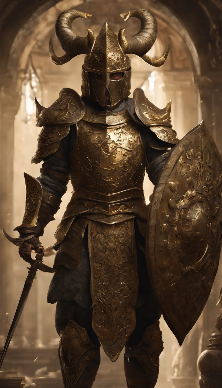 warrior, concept-art, author:Kishiganku, Fantasy art, Zen temple background, clean render, a horned, Wear a set of armor, Detailed bushido form smoke, helmet of a forgotten deity, character is standing, 8k Realistic, in game render, detailed face background detail, Art station front page, taur, Pseudo-medieval fantasy, A deity wearing koi armor, detailed bronze armor, Bronze armor, golden etched armor, gold obsidian armor, Light gold armor, Gorgeous filigree armor, A demonic warrior, Gorgeous armor full of thorns, Intricate assasin armor, Intricate metal armor, powerful warrior, Dressed in gorgeous golden armor,Decorated with intricate patterns, The helmet has a large crown and two horns, Everything is in the dark, The smoky background alludes to battle scenes, Add an ominous aura to his character,submission, Full body shot.