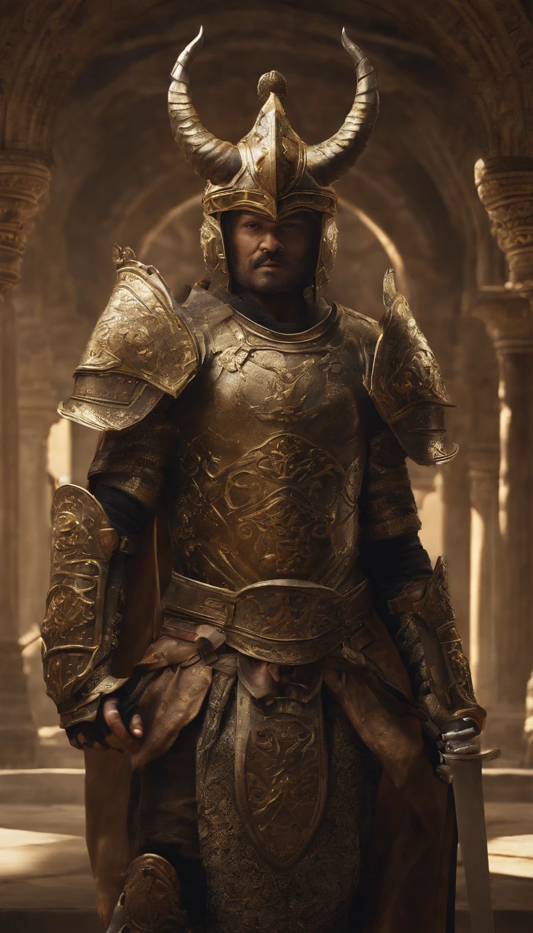 warrior, concept-art, author：Kishiganku, Fantasy art, Zen temple background, clean render, a horned, Wear a set of armor, Detailed bushido form smoke, helmet of a forgotten deity, character is standing, 8k Realistic, in game render, detailed face background detail, Art station front page, taur, Pseudo-medieval fantasy, A deity wearing koi armor, detailed bronze armor, Bronze armor, golden etched armor, gold obsidian armor, Light gold armor, Gorgeous filigree armor, A demonic warrior, Gorgeous armor full of thorns, Intricate assasin armor, Intricate metal armor, powerful warrior, Dressed in gorgeous golden armor，Decorated with intricate patterns, The helmet has a large crown and two horns, Everything is in the dark, The smoky background alludes to battle scenes, Add an ominous aura to his character，submission, Full body shot.