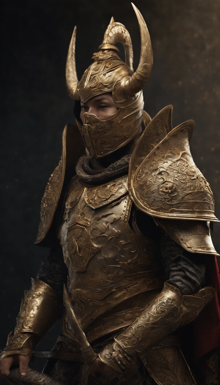 warrior, concept-art, author：Kishiganku, Fantasy art, Zen temple background, clean render, a horned, Wear a set of armor, Detailed bushido form smoke, helmet of a forgotten deity, character is standing, 8k Realistic, in game render, detailed face background detail, Art station front page, taur, Pseudo-medieval fantasy, A deity wearing koi armor, detailed bronze armor, Bronze armor, golden etched armor, gold obsidian armor, Light gold armor, Gorgeous filigree armor, A demonic warrior, Gorgeous armor full of thorns, Intricate assasin armor, Intricate metal armor, powerful warrior, Dressed in gorgeous golden armor，Decorated with intricate patterns, The helmet has a large crown and two horns, Everything is in the dark, The smoky background alludes to battle scenes, Add an ominous aura to his character，submission, Full body shot.