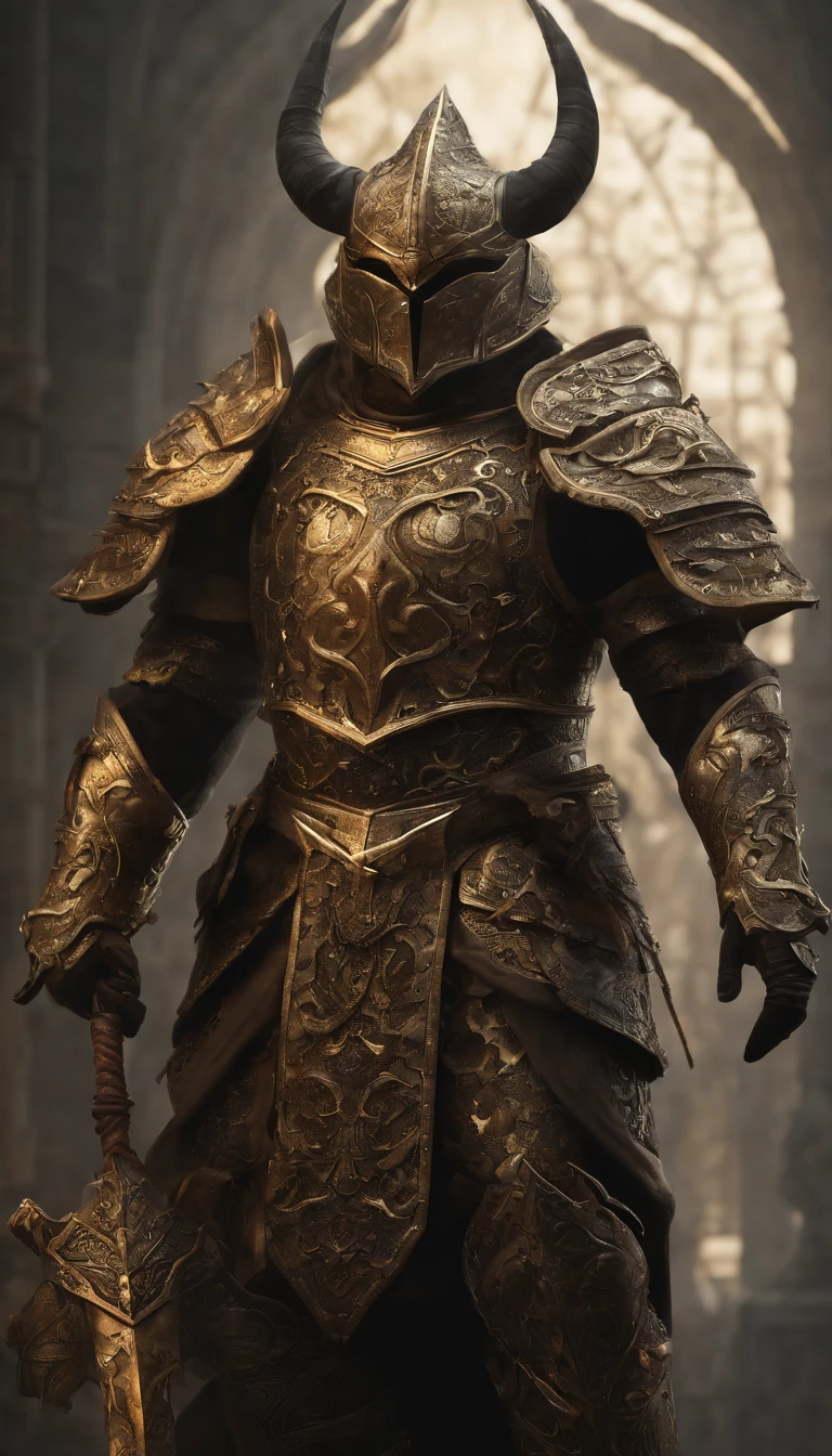 warrior, concept-art, author:Kishiganku, Fantasy art, Zen temple background, clean render, a horned, Wear a set of armor, Detailed bushido form smoke, helmet of a forgotten deity, character is standing, 8k Realistic, in game render, detailed face background detail, Art station front page, taur, Pseudo-medieval fantasy, A deity wearing koi armor, detailed bronze armor, Bronze armor, golden etched armor, gold obsidian armor, Light gold armor, Gorgeous filigree armor, A demonic warrior, Gorgeous armor full of thorns, Intricate assasin armor, Intricate metal armor, powerful warrior, Dressed in gorgeous golden armor,Decorated with intricate patterns, The helmet has a large crown and two horns, Everything is in the dark, The smoky background alludes to battle scenes, Add an ominous aura to his character,submission, Full body shot.