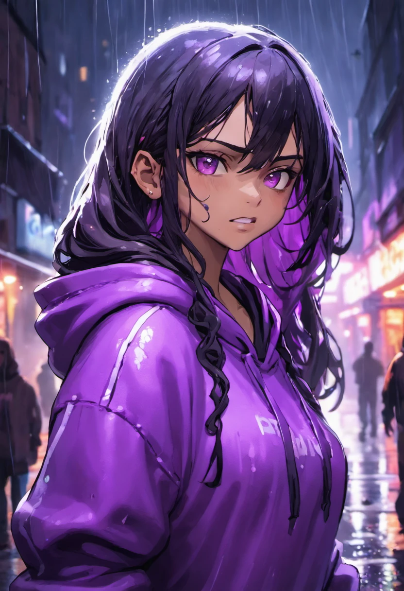 Closeup photograph, confident young cyberpunk, tan skin girl, slightly grinning, with black long wavy hair wearing purple hoodie, in a rain soaked street at night, photorealistic, cinematic lighting