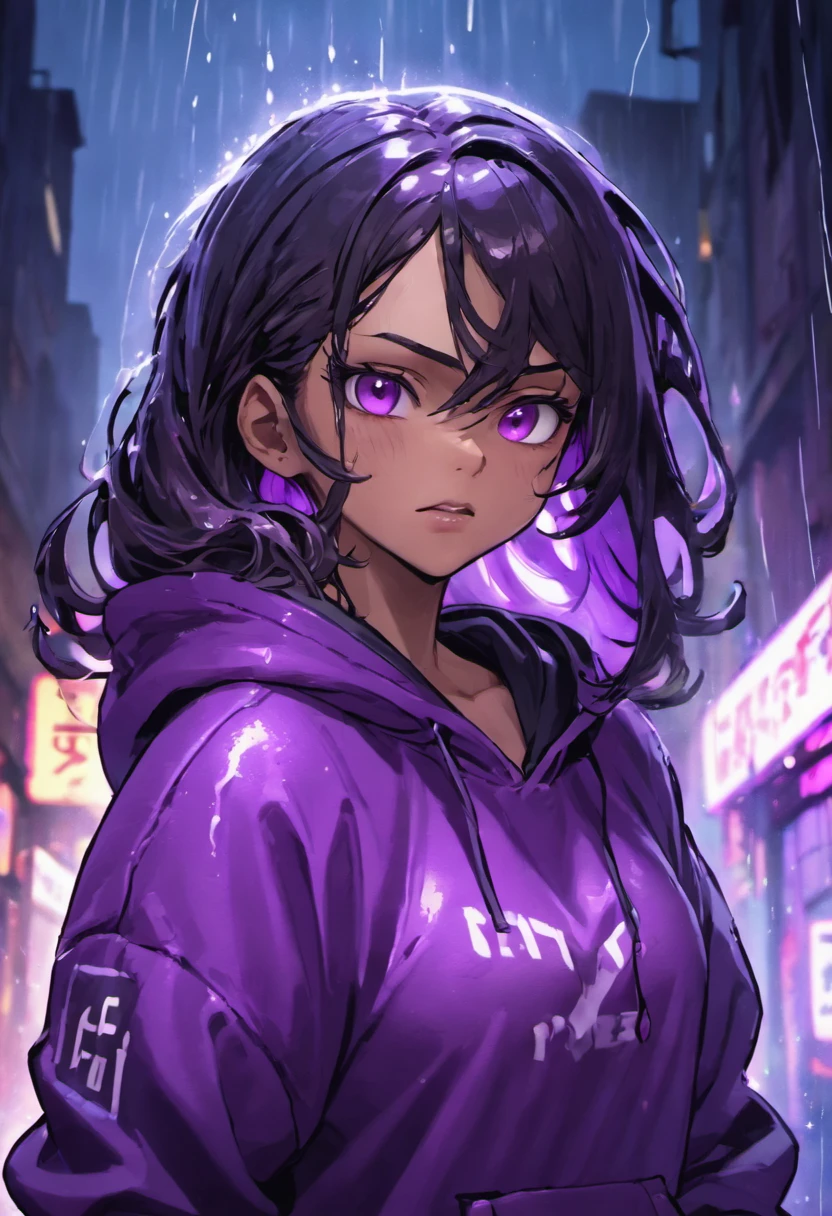 Closeup photograph, confident young cyberpunk, tan skin girl, slightly grinning, with black long wavy hair wearing purple hoodie, in a rain soaked street at night, photorealistic, cinematic lighting