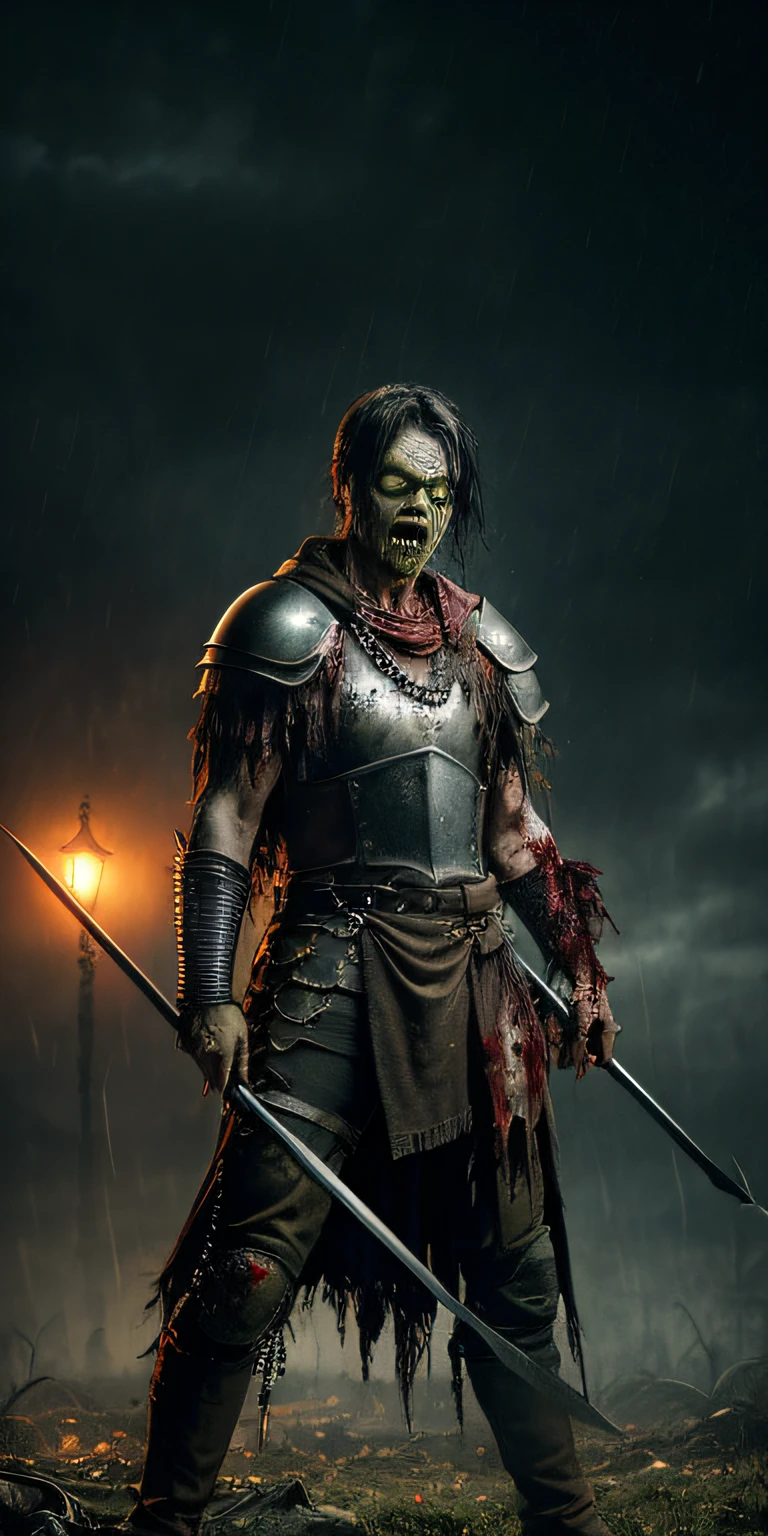 (zombie young guy face:1.4), a warrior, zombie face, stern face, full body, black hair, rotten, (((chain mail armor1:1))), crouching pose, no helmet, blood on face, blood on skin, wounds, abrasions, cuts, bruises, (((Holding perfect spear:1.2))), forest, detail face, (cloak), detail backgrounds little blur, reflection from wet, not much light on models, correct shadows, HDR, photorealistic, professional photo, gloomy style, midnight, (Raining), Horror