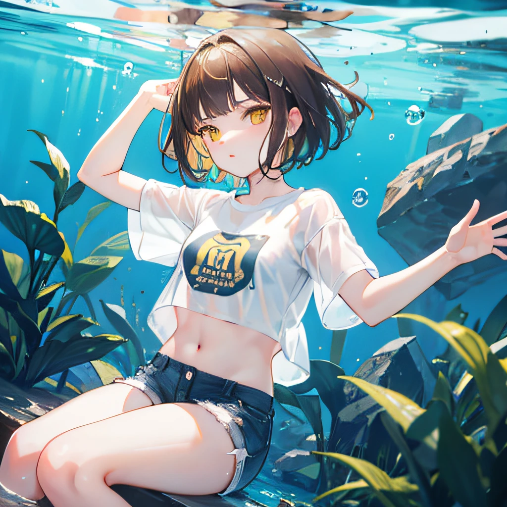 brunette color hair,short detailed hair,By bangs,Yellow eyes,adolable,s girl,white short sleeve,Short shorts,Crop topping, Under water,The background is in the water,
