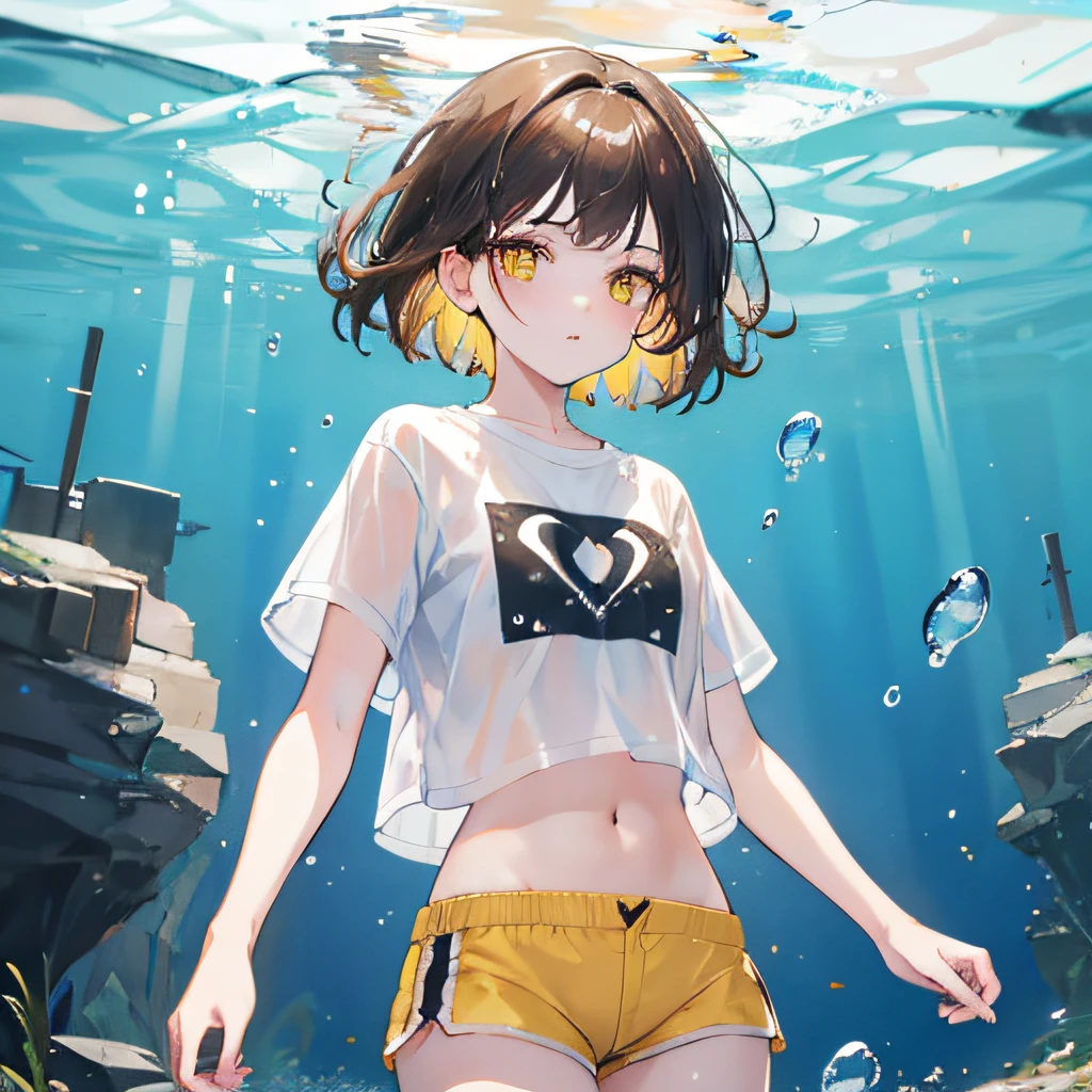 brunette color hair,short detailed hair,By bangs,Yellow eyes,adolable,s girl,white short sleeve,Short shorts,Crop topping, Under water,The background is in the water,