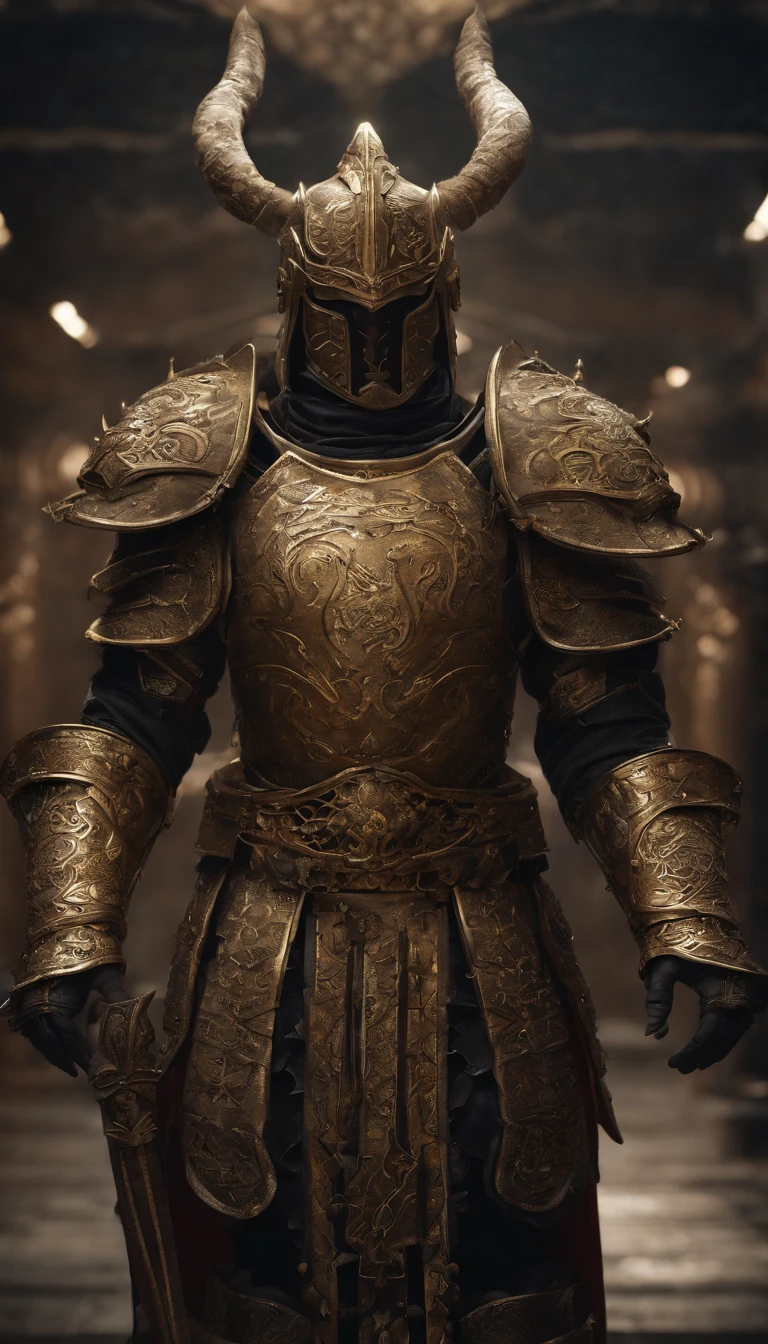 warrior, concept-art, author：Kishiganku, Fantasy art, Zen temple background, clean render, a horned, Wear a set of armor, Detailed bushido form smoke, helmet of a forgotten deity, character is standing, 8k Realistic, in game render, detailed face background detail, Art station front page, taur, Pseudo-medieval fantasy, A deity wearing koi armor, detailed bronze armor, Bronze armor, golden etched armor, gold obsidian armor, Light gold armor, Gorgeous filigree armor, A demonic warrior, Gorgeous armor full of thorns, Intricate assasin armor, Intricate metal armor, powerful warrior, Dressed in gorgeous golden armor，Decorated with intricate patterns, The helmet has a large crown and two horns, Everything is in the dark, The smoky background alludes to battle scenes, Add an ominous aura to his character，submission, Full body shot.