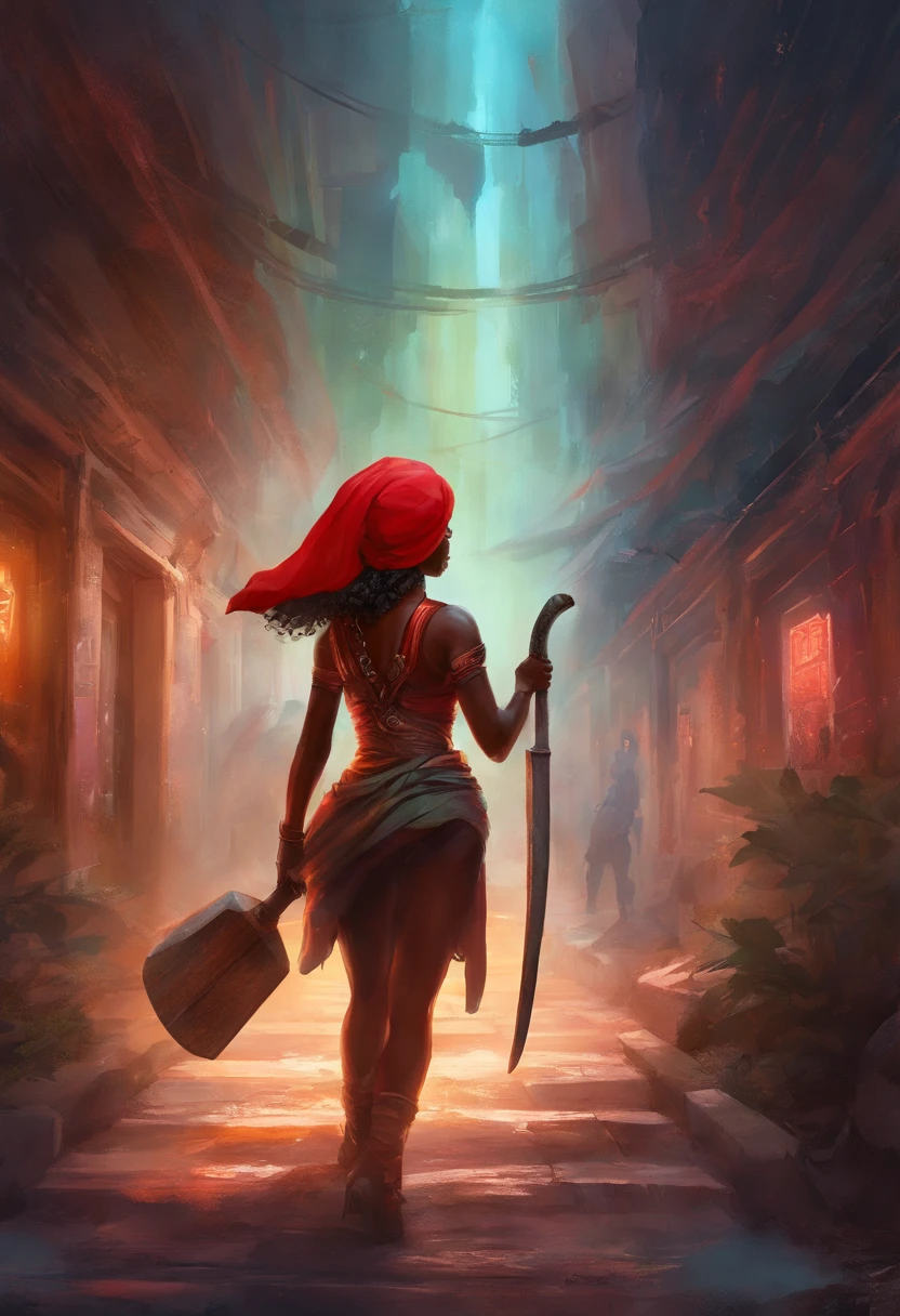 a black girl with a red cap, holding an ax in her hand heading towards a subway tunnel that has a light
