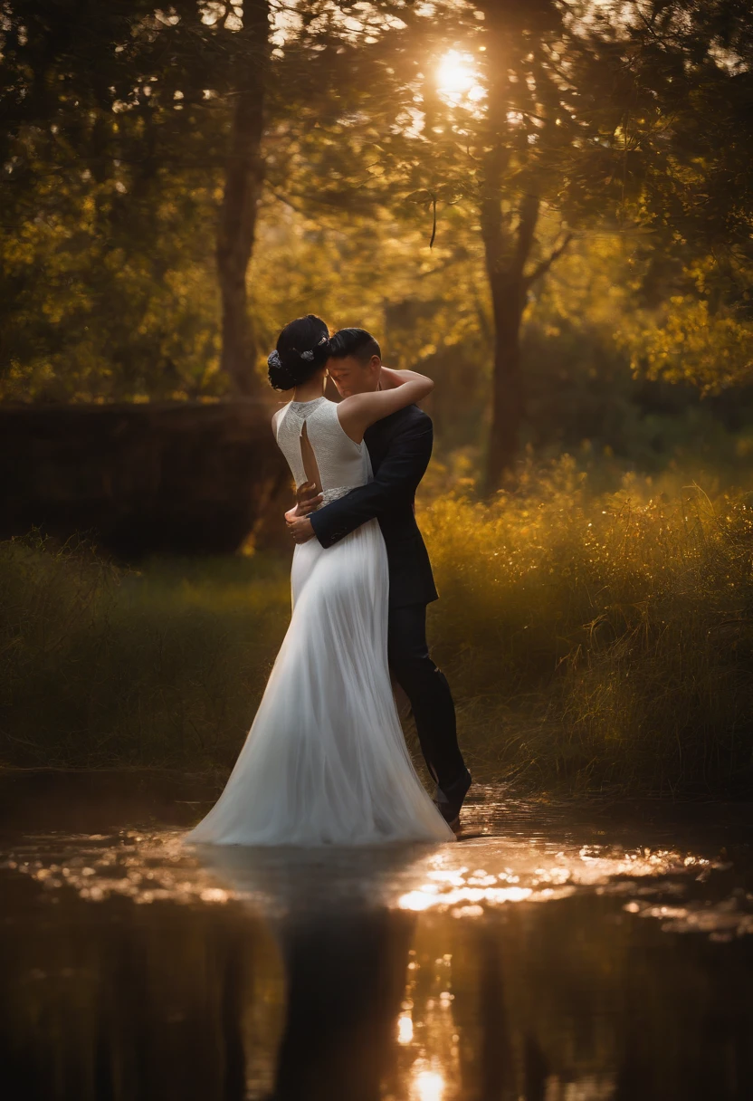 a chinese lady in transparent long white dress dance tango with a man at parklake in the moonlight