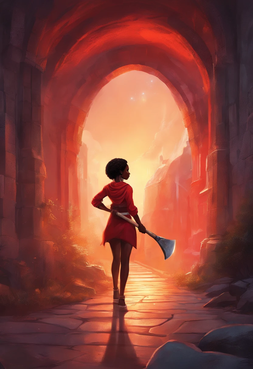 a black girl with a red cap, holding an ax in her hand heading towards a subway tunnel that has a light