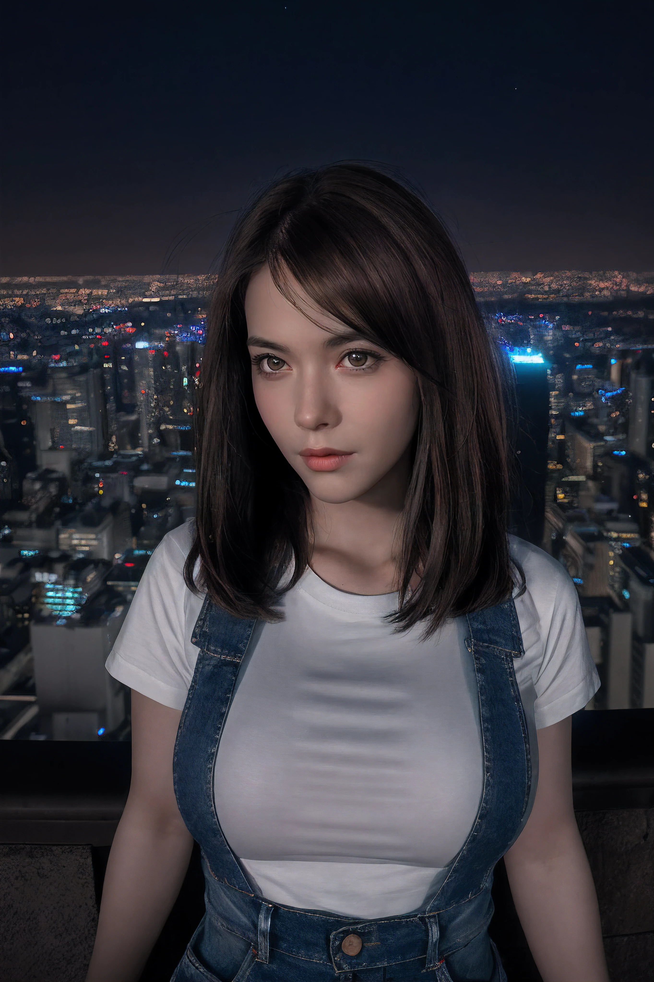 Raw, cinematic shot, (sharp focus:1.5), (photorealistic:1.4), twilight lighting, volumetric lighting, ultra high res, 16K,dramatic lighting, Midnight, Whole body, Long legs, Sharp focus :1.2, A pretty woman with perfect figure :1.4, Slender abs :1.1, ((Dark brown hair,Gigantic breasts :1.2)), (White tight tshirt, Jean bib, Standing:1.2), ((Night city view, Rooftop:1.3)), Highly detailed face and skin texture, Detailed eyes, Double eyelid, face light, hair light,