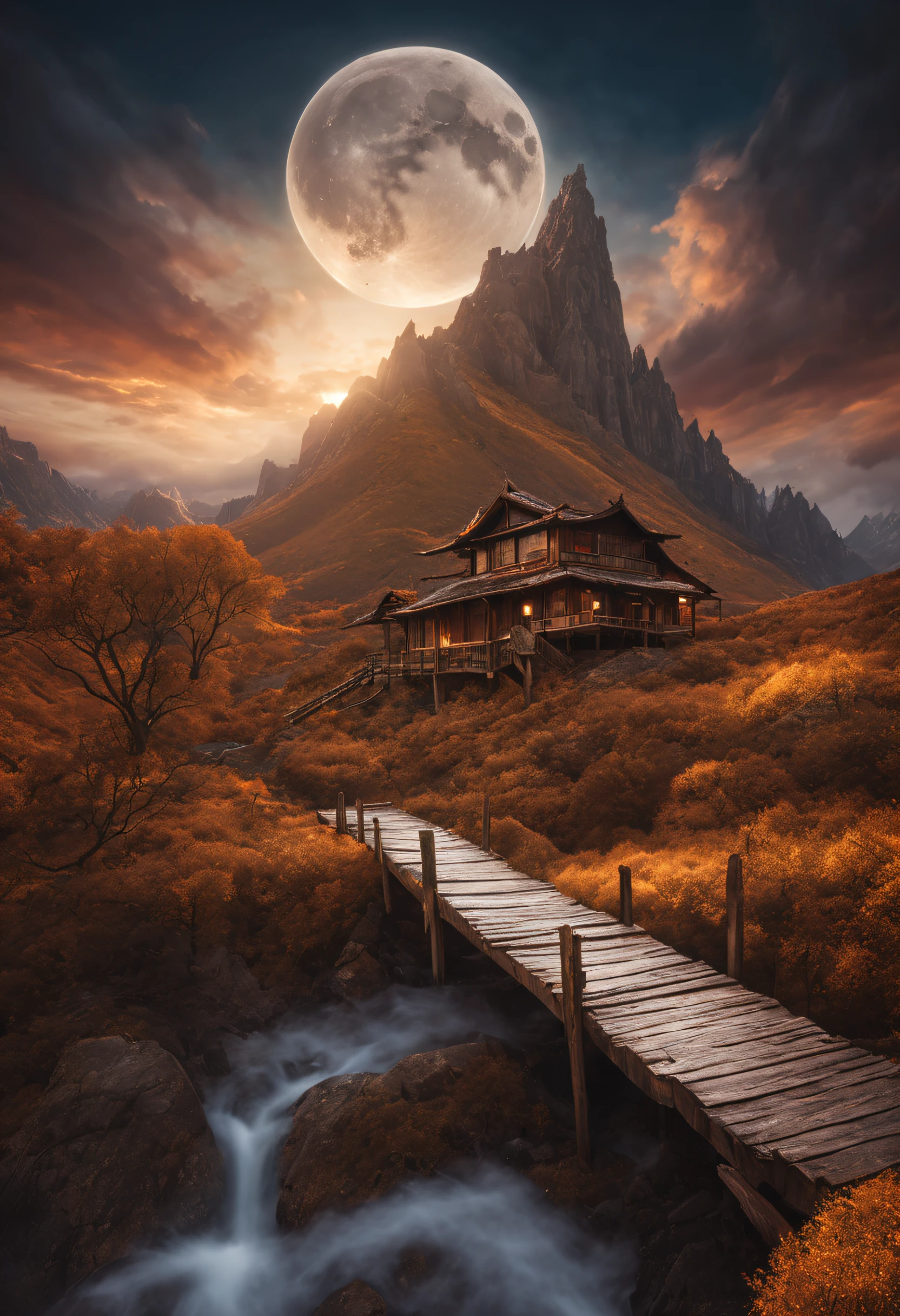 mundo real, (Hiperrealismoo:1.1), (Escalas de detalle extremo:1.3), La mejor calidad, Efecto Dingdall, foto RAW, (autumn, Mountains and a storm lake with a moon in the sky, Antigua casa de losa de madera, Arte digital 4K altamente detallado, 4 K HD fondo de pantalla muy detallado, impressive fantasy landscape, sci-fi fantasy desktop wallpaper, Fondo de pantalla 4k, Detailed 4K HDR photography, sci-fi fantasy wallpaper, epic dreamlike fantasy landscape, Mate 4K HD, 8k, realista, realismo, Disco duro, 35mm photograph, 8k), obra maestra, rewarded photography, luz natural, perfect composition, High detail, hiperrealista, (center composition, Conceptual photography), realista, detallado, equilibrado, por Trey Ratcliff, Klaus Herrmann, Serge Ramelli, Jimmy McIntyre, Elia Locardi, embedding:OverallDetail,