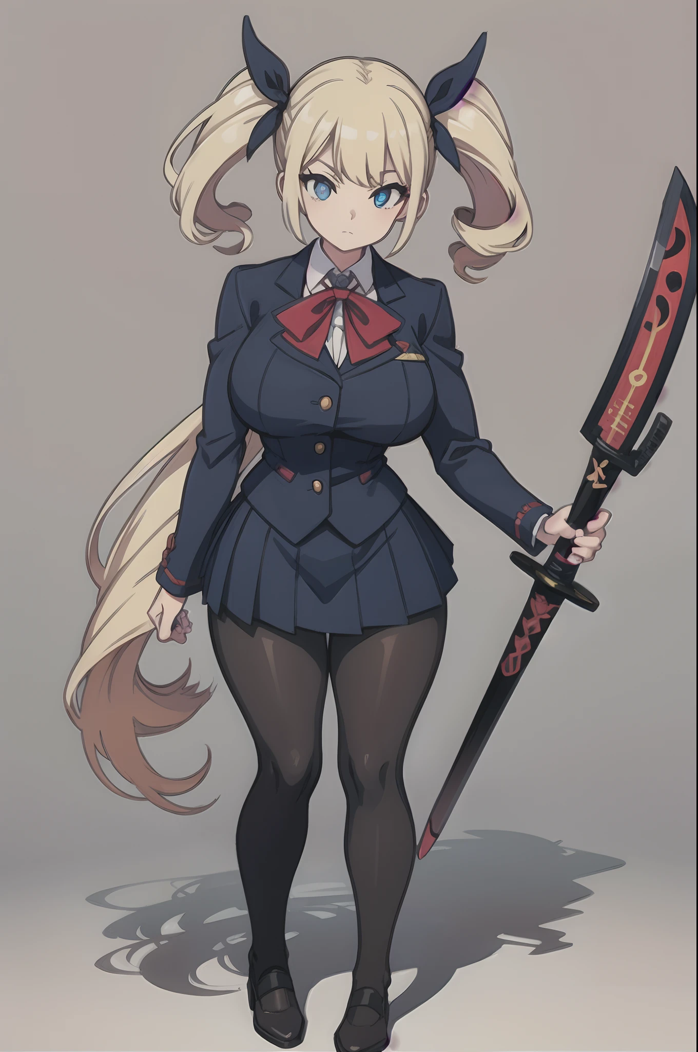 retro style, extremely long hair perfect anatomy tall solo curvy ((muscular)) leggings toned body, best quality, masterpiece, safe for work, 1girl, solo, solo focus, A hentai manga character, Nanako Von Meinsfelt, by Fan no hitori, uploaded to Nhentai.net, blonde hair giant curly twintail, (twintail, drill), ojou-sama, black school uniform, red cravat with a white cross on it, black pantyhose, brown mary jane shoes, a black pleated skirt, with stunning blue eyes, large breasts, thick thighs, standing, masterpiece, best quality, full-body portrait, background messy alleyway, Holding giant greatsword sized Odachi, ((odachi))