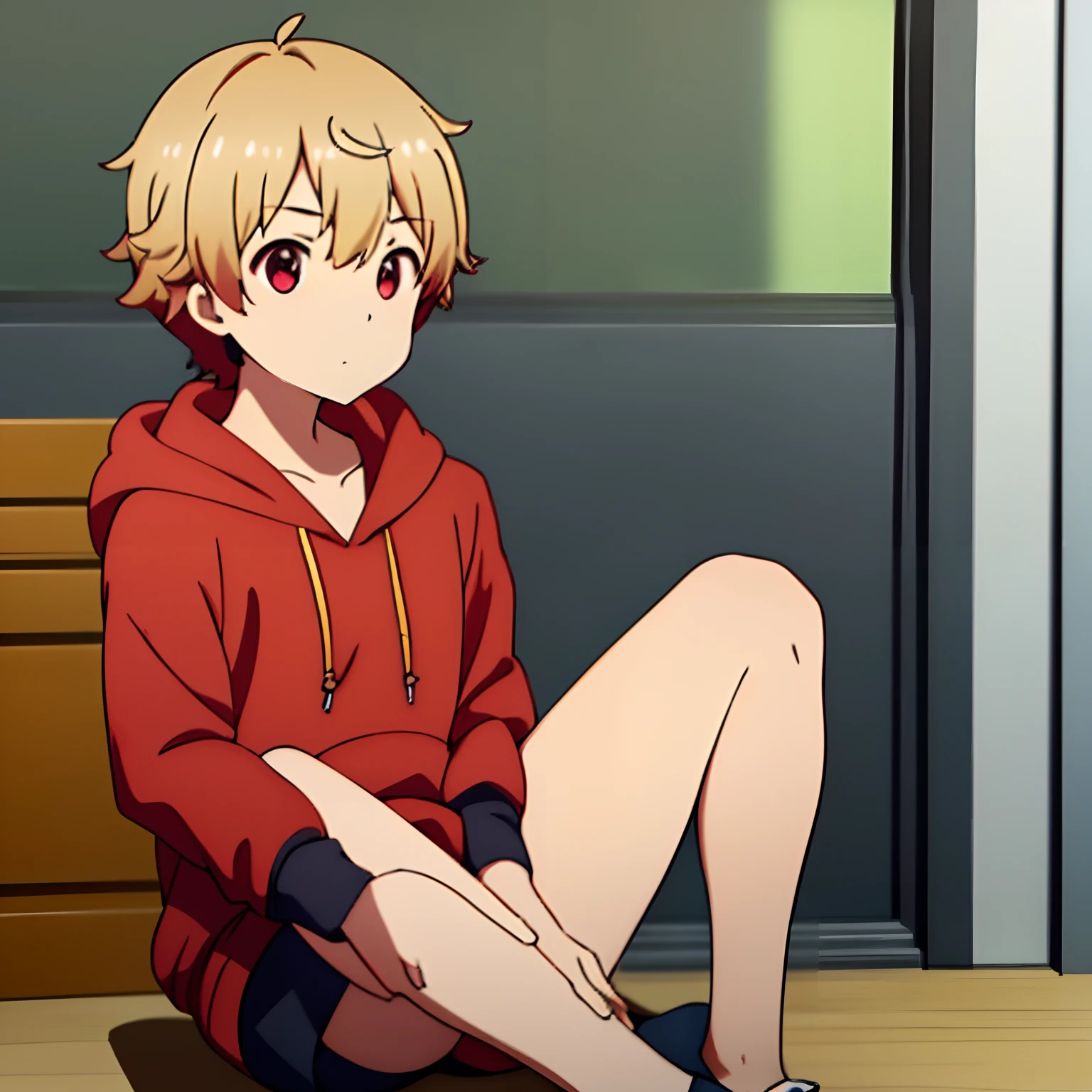 1boy, solo, Uchimaki_Subaru,red eyes, blondehair,black hoodie,