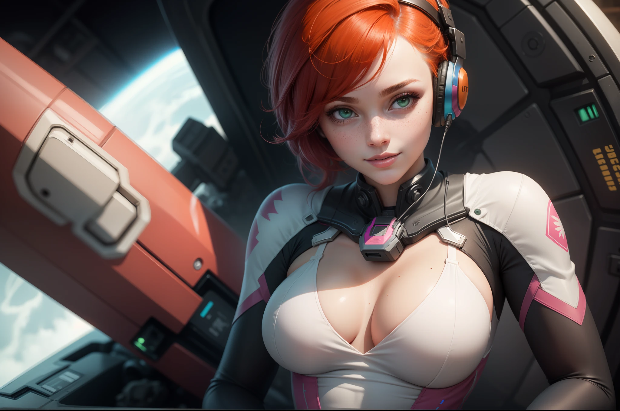 gwen tennyson,1girl,tracer,d.va,rebecca chambers,overwatch,gundam,close up,mecha pilot,space port,orange and black plugsuit,pilot jacket,hair pin,pirate corset,white long sleeve lycra top,white leggings,short hair,cute makeup,green eyes,orange and pink hair,shy smile, freckles,redhead,beautiful girl,large breasts,ultra detailed,realistic,fantasy art, gaming headset,