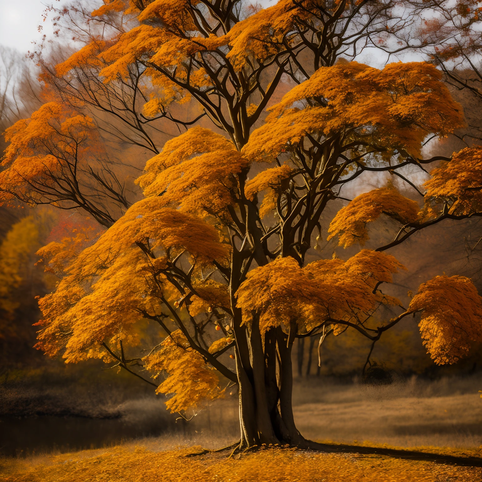 Bare tree with small buds growing on it, falling autumn color leaves around the bare tree