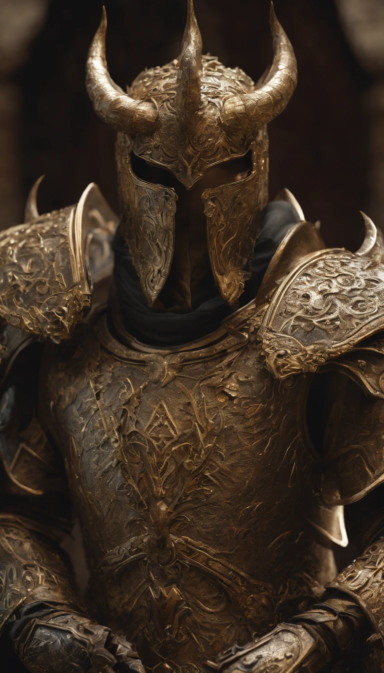 warrior, concept-art, author：Kishiganku, Fantasy art, Zen temple background, clean render, a horned, Wear a set of armor, Detailed bushido form smoke, helmet of a forgotten deity, character is standing, 8k Realistic, in game render, detailed face background detail, Art station front page, taur, Pseudo-medieval fantasy, A deity wearing koi armor, detailed bronze armor, Bronze armor, golden etched armor, gold obsidian armor, Light gold armor, Gorgeous filigree armor, A demonic warrior, Gorgeous armor full of thorns, Intricate assasin armor, Intricate metal armor, powerful warrior, Dressed in gorgeous golden armor，Decorated with intricate patterns, The helmet has a large crown and two horns, Everything is in the dark, The smoky background alludes to battle scenes, Add an ominous aura to his character，submission, Full body shot.Huge demon wings of demons