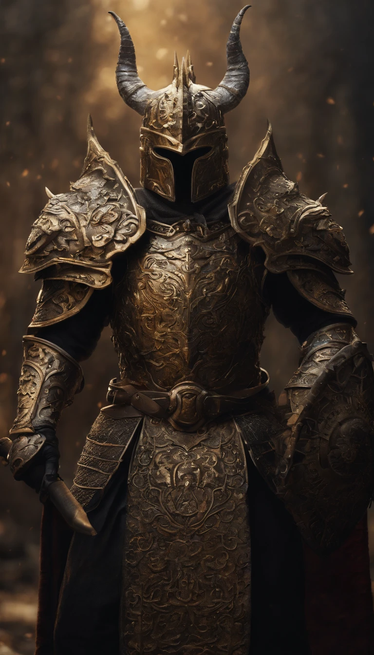 warrior, concept-art, author：Kishiganku, Fantasy art, Zen temple background, clean render, a horned, Wear a set of armor, Detailed bushido form smoke, helmet of a forgotten deity, character is standing, 8k Realistic, in game render, detailed face background detail, Art station front page, taur, Pseudo-medieval fantasy, A deity wearing koi armor, detailed bronze armor, Bronze armor, golden etched armor, gold obsidian armor, Light gold armor, Gorgeous filigree armor, A demonic warrior, Gorgeous armor full of thorns, Intricate assasin armor, Intricate metal armor, powerful warrior, Dressed in gorgeous golden armor，Decorated with intricate patterns, The helmet has a large crown and two horns, Everything is in the dark, The smoky background alludes to battle scenes, Add an ominous aura to his character，submission, Full body shot.Huge demon wings of demons