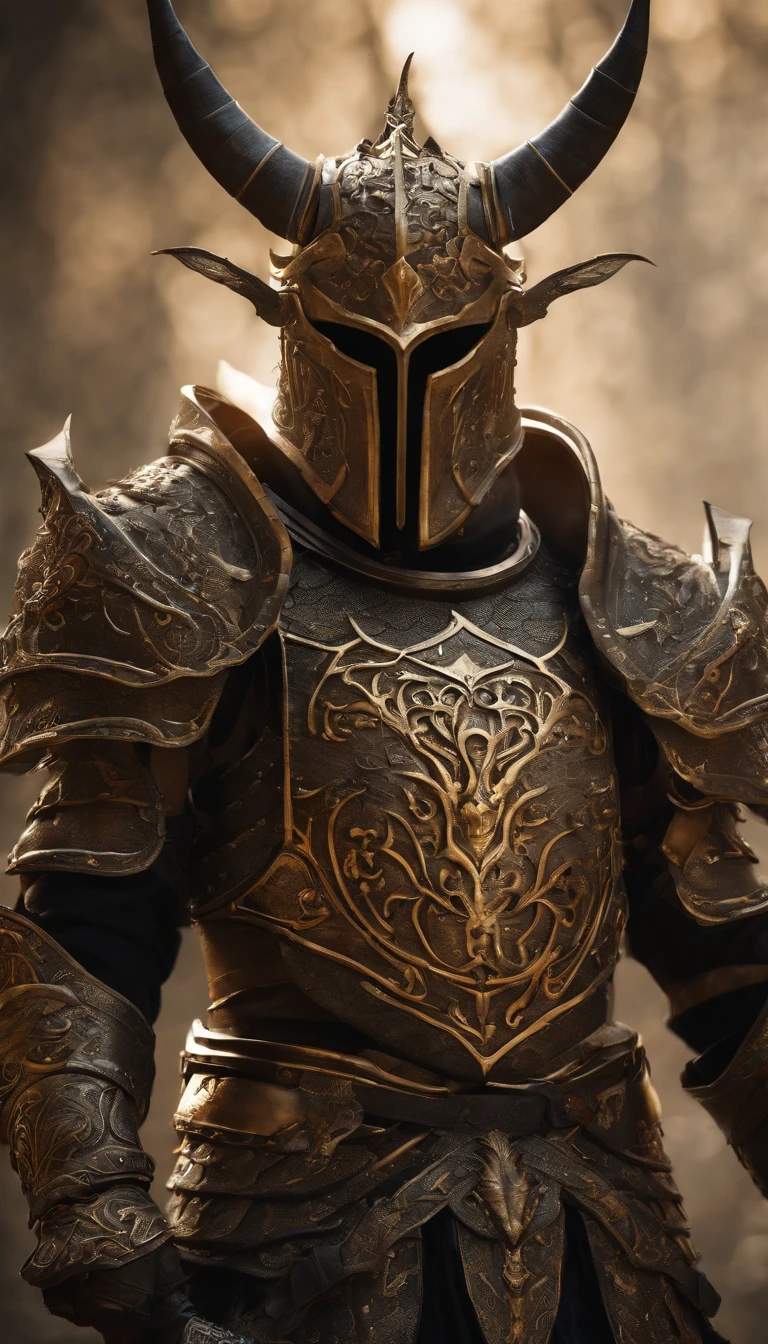 warrior, concept-art, author：Kishiganku, Fantasy art, Zen temple background, clean render, a horned, Wear a set of armor, Detailed bushido form smoke, helmet of a forgotten deity, character is standing, 8k Realistic, in game render, detailed face background detail, Art station front page, taur, Pseudo-medieval fantasy, A deity wearing koi armor, detailed bronze armor, Bronze armor, golden etched armor, gold obsidian armor, Light gold armor, Gorgeous filigree armor, A demonic warrior, Gorgeous armor full of thorns, Intricate assasin armor, Intricate metal armor, powerful warrior, Dressed in gorgeous golden armor，Decorated with intricate patterns, The helmet has a large crown and two horns, Everything is in the dark, The smoky background alludes to battle scenes, Add an ominous aura to his character，submission, Full body shot.Huge demon wings of demons