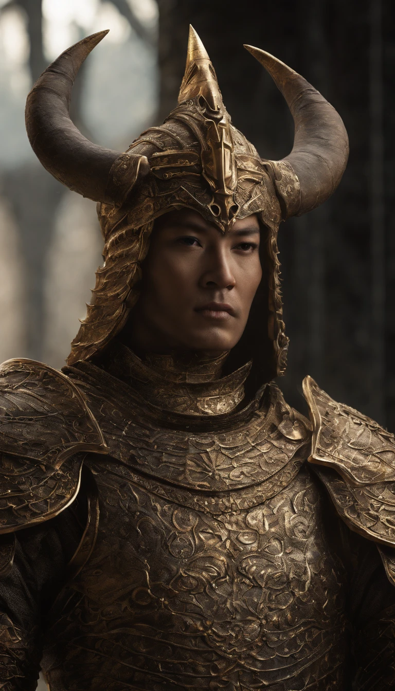warrior, concept-art, author:Kishiganku, Fantasy art, Zen temple background, clean render, a horned, Wear a set of armor, Detailed bushido form smoke, helmet of a forgotten deity, character is standing, 8k Realistic, in game render, detailed face background detail, Art station front page, taur, Pseudo-medieval fantasy, A deity wearing koi armor, detailed bronze armor, Bronze armor, golden etched armor, gold obsidian armor, Light gold armor, Gorgeous filigree armor, A demonic warrior, Gorgeous armor full of thorns, Intricate assasin armor, Intricate metal armor, powerful warrior, Dressed in gorgeous golden armor,Decorated with intricate patterns, The helmet has a large crown and two horns, Everything is in the dark, The smoky background alludes to battle scenes, Add an ominous aura to his character,submission, Full body shot.Huge demon wings of demons