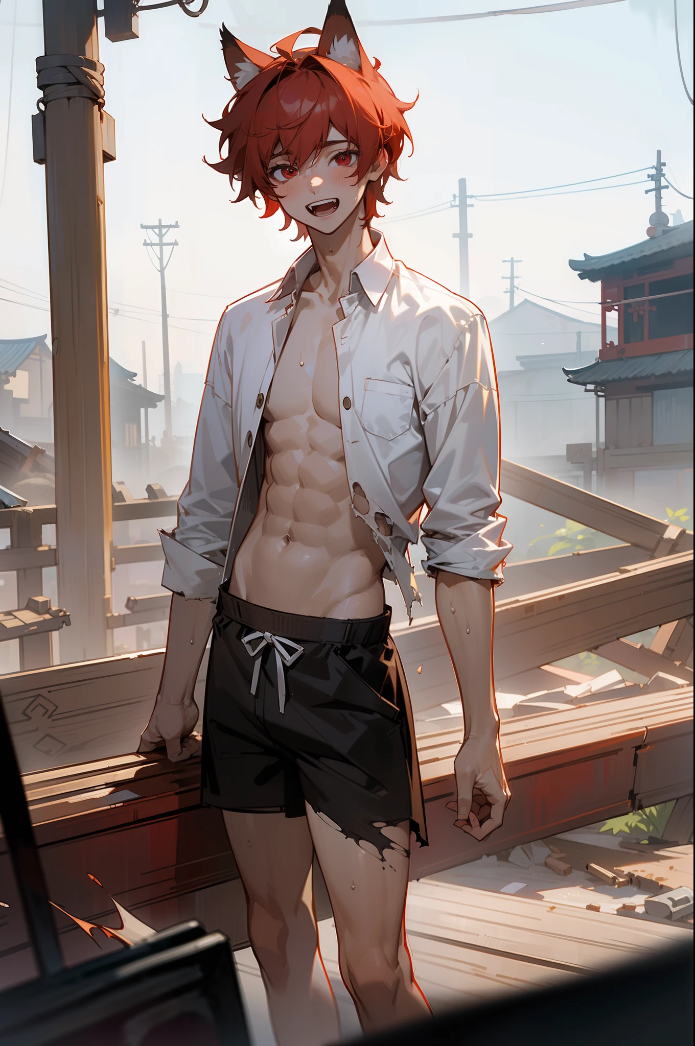 ((Masterpiece)), (Professional Photography:1.2), (High Definition:1.3), best quality, 8K, wide shot, Textured skin, cinematic lighting, ((exposed stomach)), 1boy, (Cute teenage beautiful boy,,beautiful red eyes)、details of Very messy short hair、((dirty and very torn white-shirt))、happy face、open mouth,smile , sweaty, fox ears, Pale red hair, ((standing with legs spread wide, asian Slum townscape))