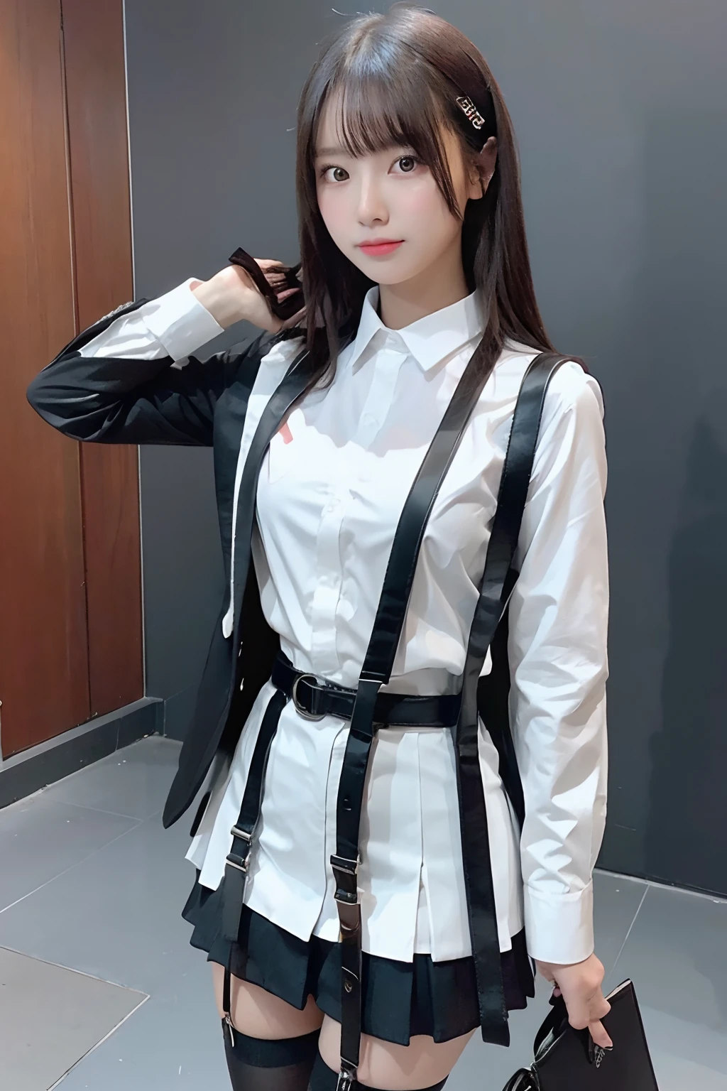 masterpiece、top-quality、The ultra -The high-definition、、colourfull、flat-colors、depth of fields、lens flare 1 girl、、A dark-haired、watching at viewers suits Cutter shirt a belt suspenders working adults materia OL Black Suit Black jacket glares huge-breasted a miniskirt garterbelts knee high stockings Black Niso