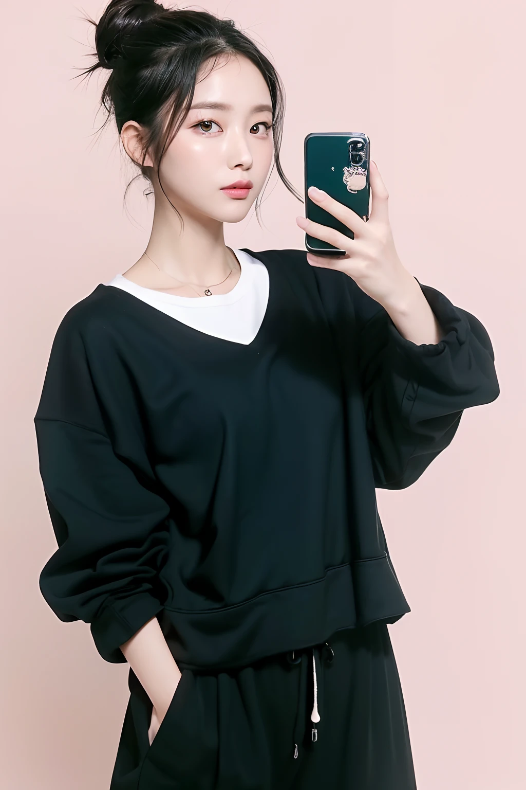 ((Best quality, 8k, Masterpiece :1.3)), 1 adorable girl with full body, youthful, delightful cute face, black hair, hair tied, oversized boyish outfit, aesthetic selfie, ultra-detailed face, extremely perfection, detailed eyes, double eyelid, big doe-eyed, straight nose, long eyelashes, detailed eyelashes, v-shape face, random pose, aesthetic pose, (random aesthetic background)