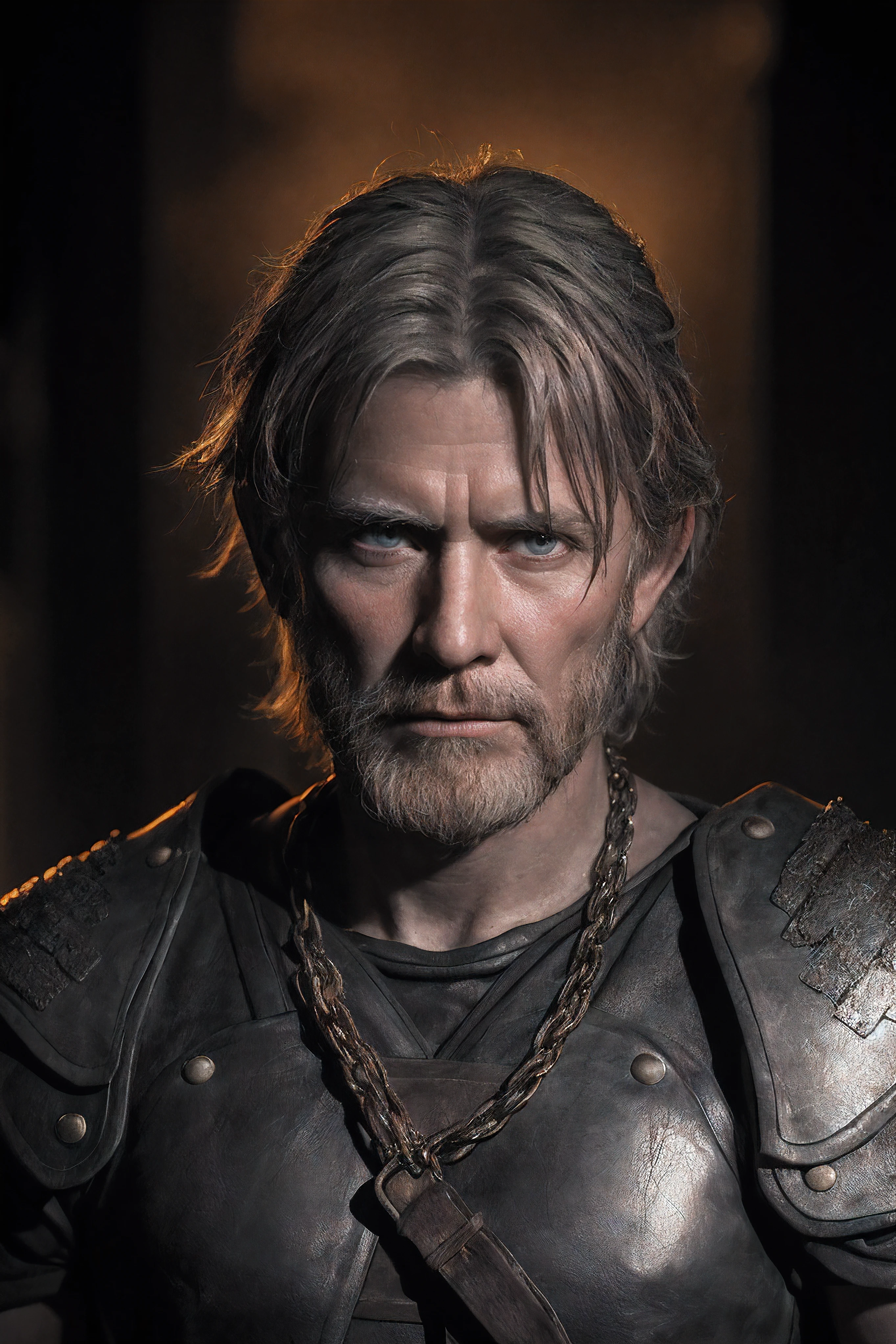 Raw, cinematic shot, (sharp focus:1.5), (photorealistic:1.4), 1boy, medium portrait of (a weary-looking but still proud and fierce-looking old Viking warrior, now the leader of his village, dressed in elaborately detailed chain mail and leather armour, a few torches burn on the walls, giving the scene a dark atmosphere but sculpting the forms in sharp chiaroscuro), it is night time, dark lighting, twilight lighting, volumetric lighting, big muscle,