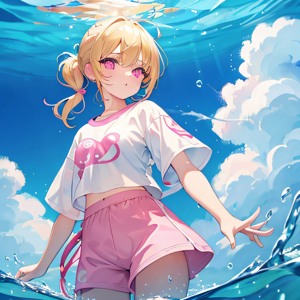 Light yellow hair,Double ponytail hairstyle,Pink eyes,Pink pupils,s girl,cuteexpression,white short sleeve,Short shorts,Crop topping, Under water,water background,