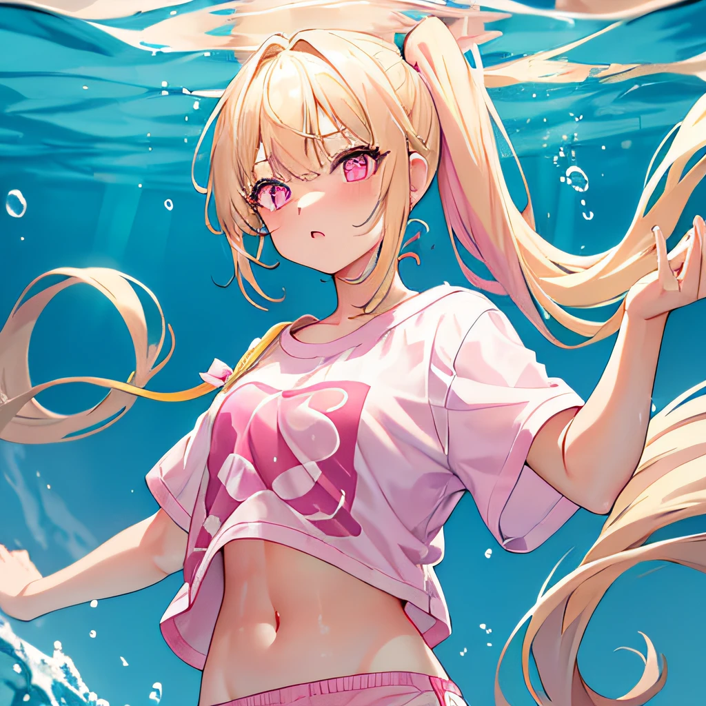 Light yellow hair,Double ponytail hairstyle,Pink eyes,Pink pupils,s girl,cuteexpression,white short sleeve,Short shorts,Crop topping, Under water,water background,