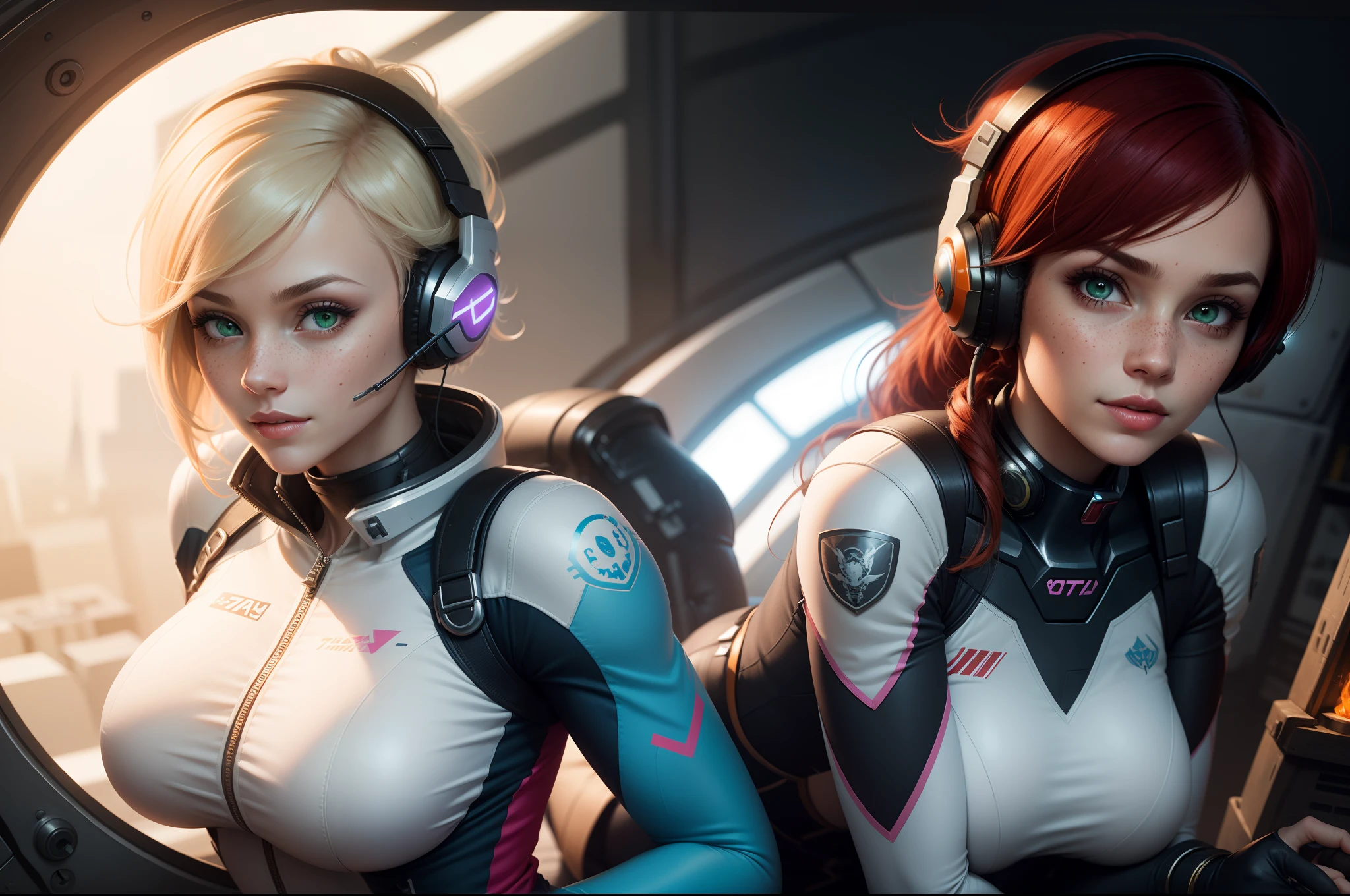 gwen tennyson,1girl,tracer,d.va,rebecca chambers,overwatch,gundam,close up,mecha pilot,space port,orange and black plugsuit,pilot jacket,hair pin,pirate corset,white long sleeve lycra top,white leggings,short hair,cute makeup,green eyes,orange and white hair,shy smile, freckles,redhead,beautiful girl,large breasts,ultra detailed,realistic,fantasy art, gaming headset,