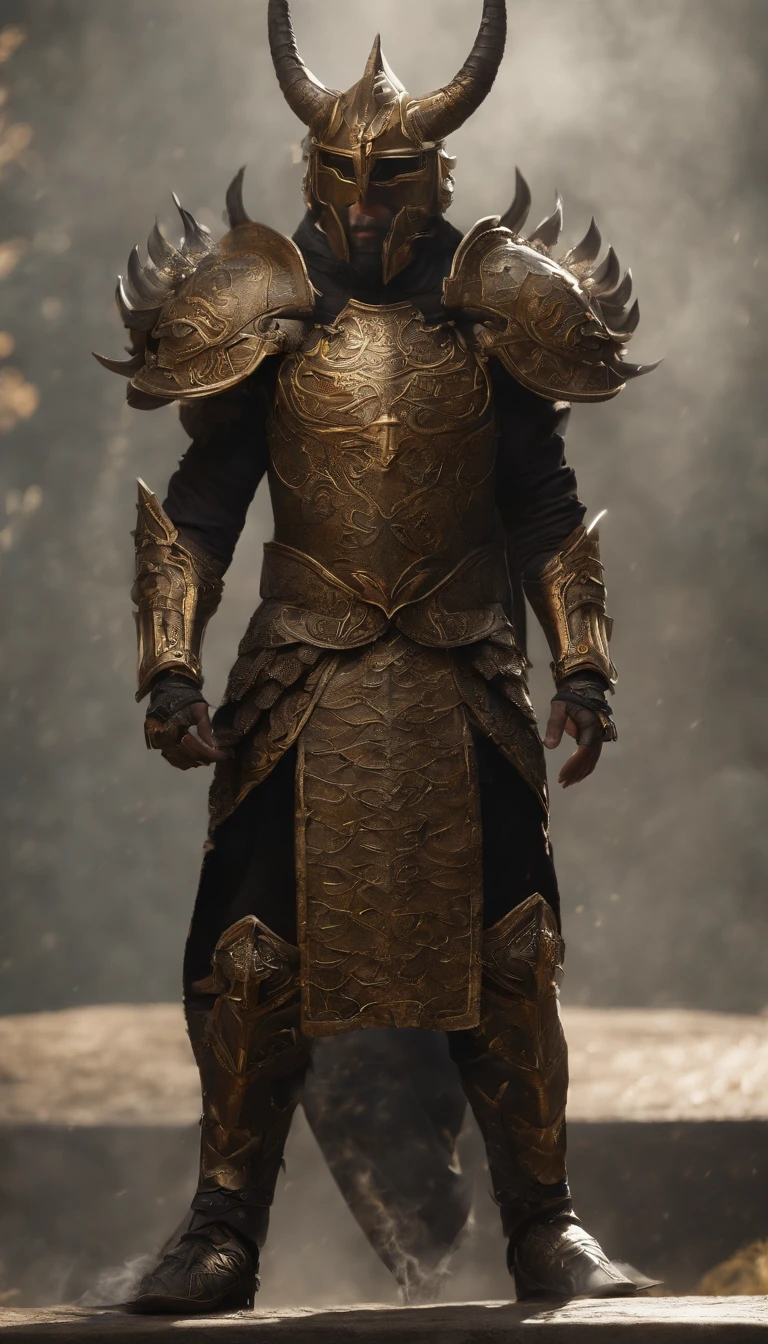 warrior, concept-art, author:Kishiganku, Fantasy art, Zen temple background, clean render, a horned, Wear a set of armor, Detailed bushido form smoke, helmet of a forgotten deity, character is standing, 8k Realistic, in game render, detailed face background detail, Art station front page, taur, Pseudo-medieval fantasy, A deity wearing koi armor, detailed bronze armor, Bronze armor, golden etched armor, gold obsidian armor, Light gold armor, Gorgeous filigree armor, A demonic warrior, Gorgeous armor full of thorns, Intricate assasin armor, Intricate metal armor, powerful warrior, Dressed in gorgeous golden armor,Decorated with intricate patterns, The helmet has a large crown and two horns, Everything is in the dark, The smoky background alludes to battle scenes, Add an ominous aura to his character,Huge demon wings of demons,submission, Full body shot.