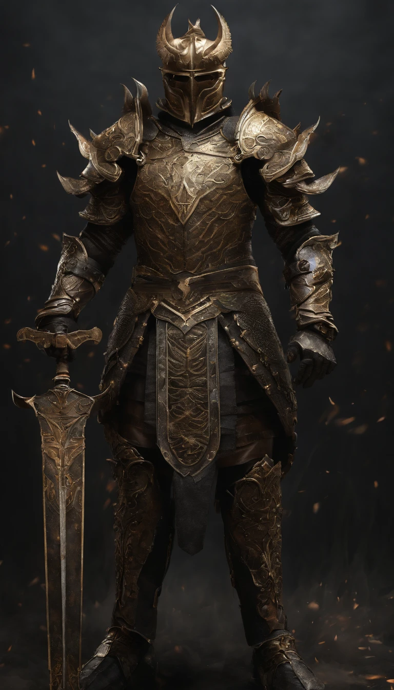 warrior, concept-art, author:Kishiganku, Fantasy art, Zen temple background, clean render, a horned, Wear a set of armor, Detailed bushido form smoke, helmet of a forgotten deity, character is standing, 8k Realistic, in game render, detailed face background detail, Art station front page, taur, Pseudo-medieval fantasy, A deity wearing koi armor, detailed bronze armor, Bronze armor, golden etched armor, gold obsidian armor, Light gold armor, Gorgeous filigree armor, A demonic warrior, Gorgeous armor full of thorns, Intricate assasin armor, Intricate metal armor, powerful warrior, Dressed in gorgeous golden armor,Decorated with intricate patterns, The helmet has a large crown and two horns, Everything is in the dark, The smoky background alludes to battle scenes, Add an ominous aura to his character,Huge demon wings of demons,submission, Full body shot.