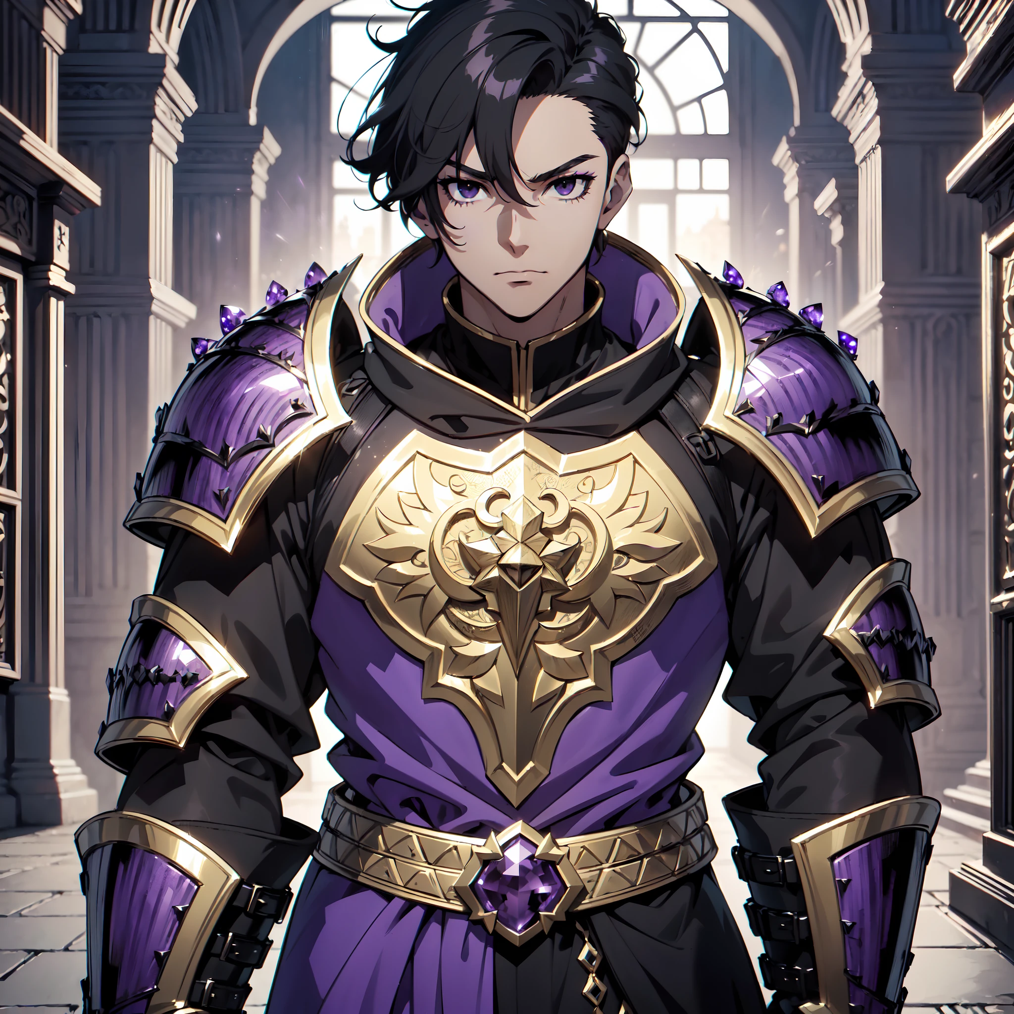 128K Ultra High Definition,
128K Ultra High Quality,
128K Ultra High Resolution,
Best Definition,
Best Quality,
Best Resolution,
Perfectly Detailed,
Perfectly Designed,
Extremely Detailed,
Extremely Designed,
Hyper Detailed,
Hyper Definition,
Hyper Quality,
Hyper Resolution,
Masterpiece,
(((Anime))),
Body Shot,
(((Boy))),
Handsome,
Muscular Body,
(((Black Short Hair))),
(((Black Eyes))),
(((Hyper Detailed & Perfectly Designed Purple Amethyst Armor Plates))),
(((Hyper Detailed & Perfectly Designed Engraving Jeweled Baron Armor))),
(((Inside Of Medieval Royal Palace Background Scenery))),
