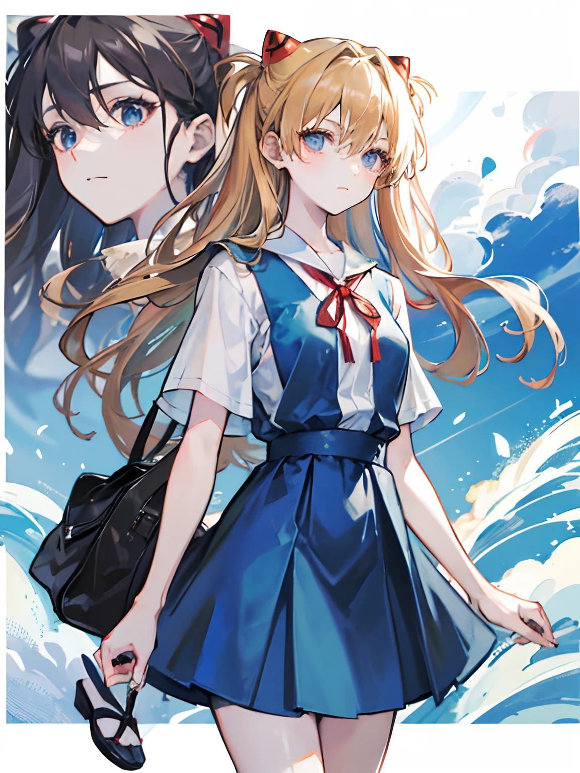 Asuka Langley Soryu,Blue eyes,hair between eyes,headware,Interface headset,Orange hair,Red ribbon、Ribbons、shcool uniform、skirts、Slip dress、Slip dress、Tokyo No. 3 Junior High School uniform、album artwork,Storytelling images
