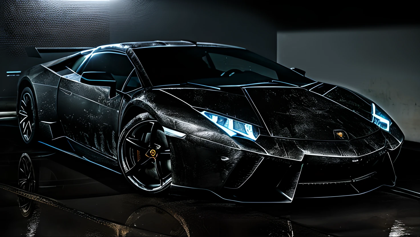 Detailed raw HD photo medium-distance photo of a (lamborghini reventon)parked inside a garage (darkly lit, dimly lit, discreet) grunge, menacing urban environment, metal tubes, concreating, decay
(nocturnal, pitch, moody and dark:1.3) (bright headlights: 1.2)