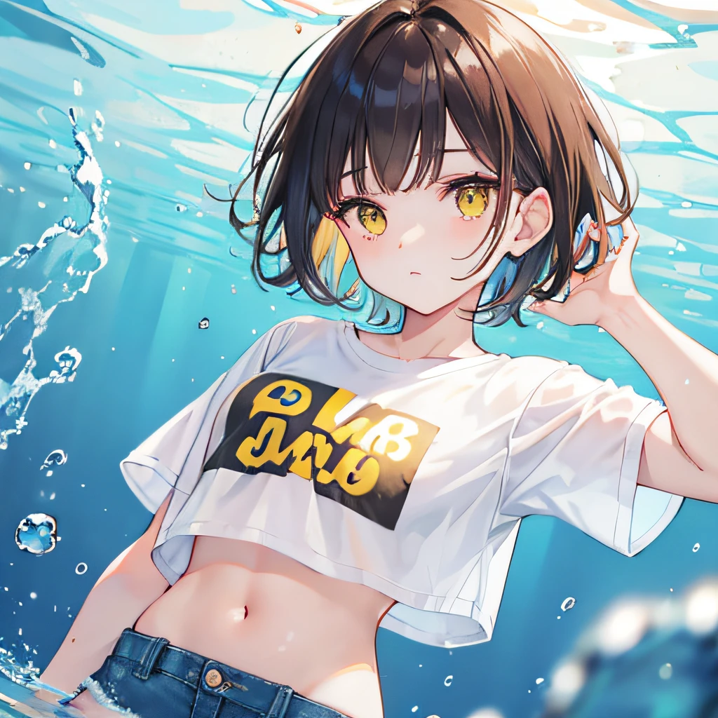 brunette color hair,short detailed hair,By bangs,Yellow eyes,adolable,s girl,white short sleeve,denim short,Crop topping, Under water,Background in water,
