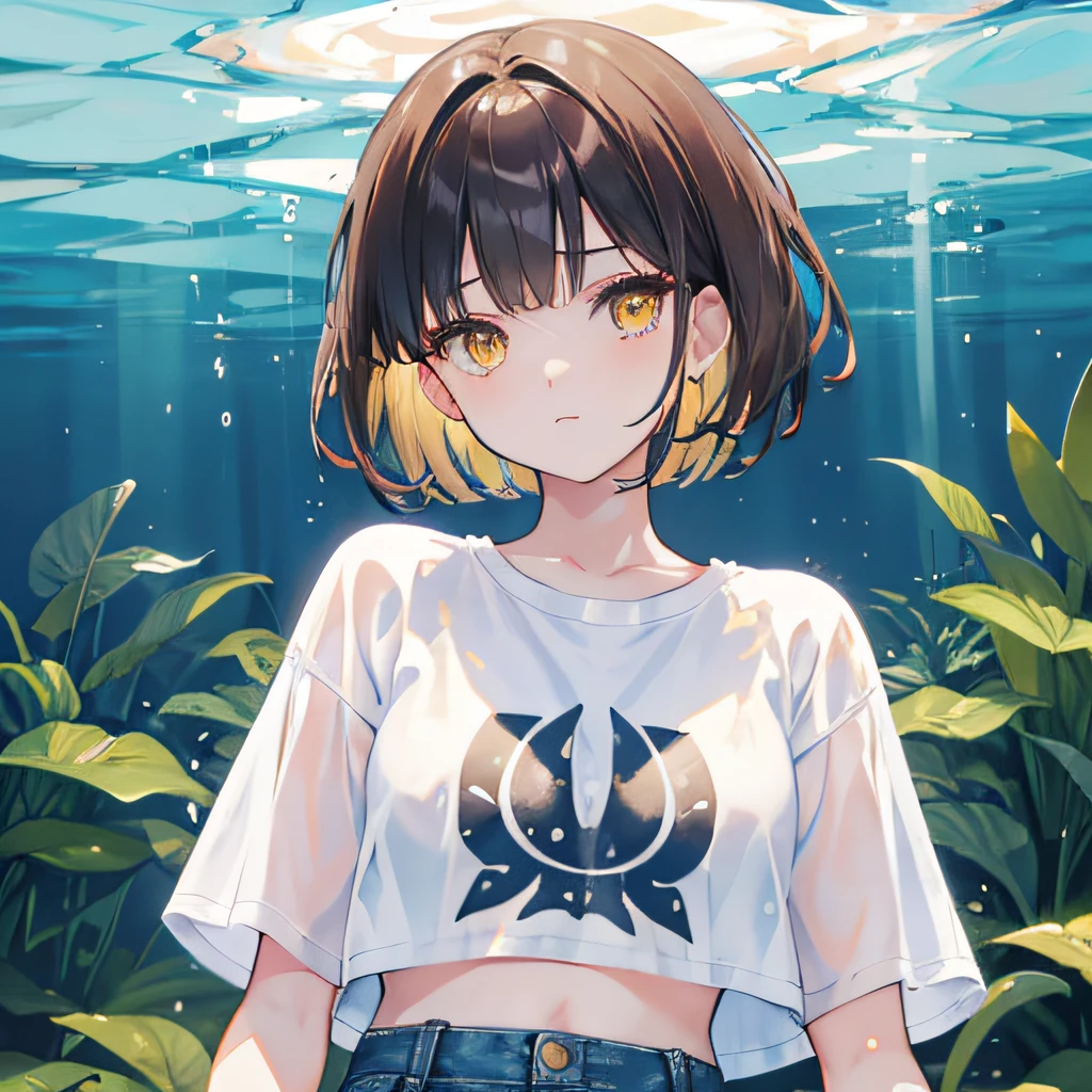 brunette color hair,short detailed hair,By bangs,Yellow eyes,adolable,teens girl,white short sleeve,denim short,Crop topping, Under water,Background in water,