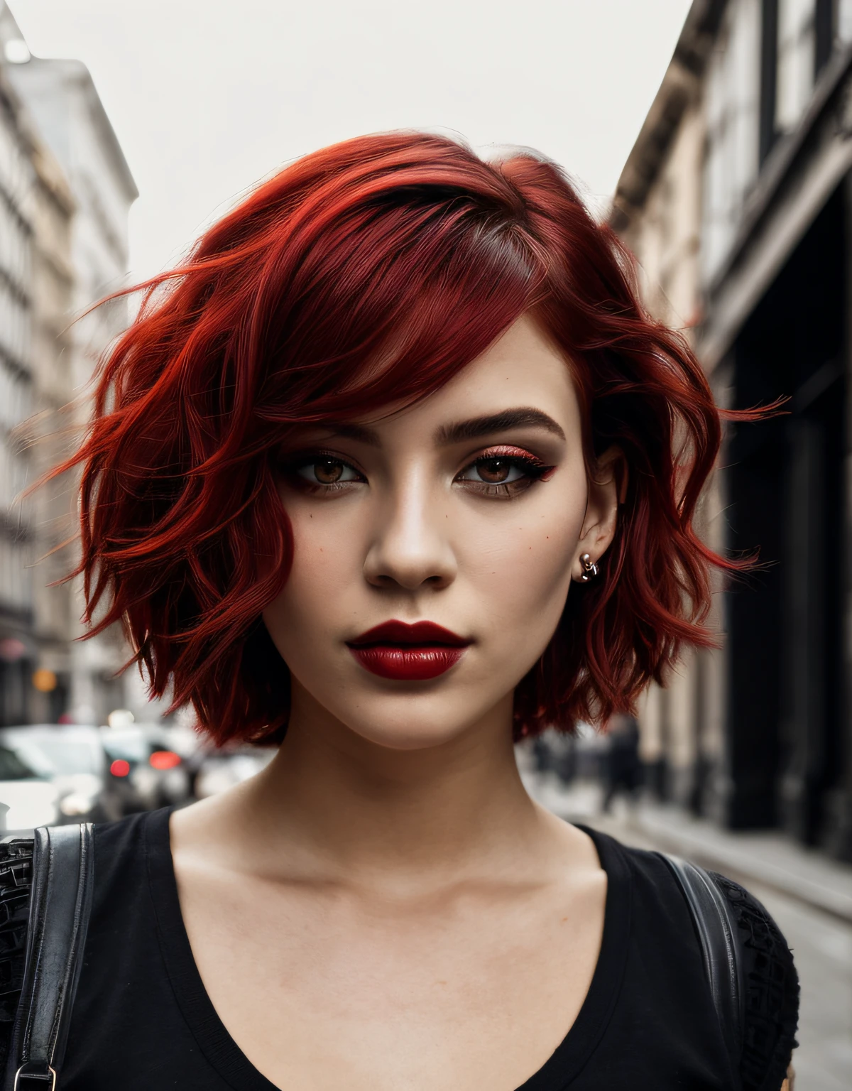 beautiful girl, half body portrait, short bright red disheveled hair, black eyeshadow, (street style wear:1.2), (city background:1.2), dark makeup, digital art, trending on artstation, highly detailed, fine detail, intricate,  beautiful detailed glow, detailed, Cinematic light, highres, detailed facial features,sharp focus, smooth, aesthetic,