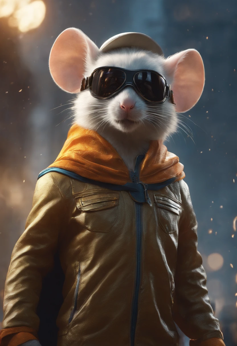 Perfect centering, Cute mouse, Wear a student team jacket, Wearing sunglasses, Wearing headphones, cheerfulness, Standing position, Abstract beauty, Centered, Looking at the camera, Facing the camera, nearing perfection, Dynamic, Highly detailed, smooth, Sharp focus, 8K, high definition resolution, illustration, Art by Carne Griffiths and Wadim Kashin, White background a powerful hero, vibrant colors, dynamic lighting, detailed costume, intense action scene, extraordinary abilities, breathtaking special effects, cinematic quality, epic showdown, realistic CGI, high-definition resolution, iconic superhero pose, dramatic composition, city skyline backdrop, intense facial expression, intense energy aura, superhero emblem, superhuman strength, flying abilities, lightning-fast speed, invincibility, heroic determination, explosive power, heroic justice, iconic mask, heroic cape, agile movements, intense battle intensity, superheroic charisma, immersive storytelling, larger-than-life presence, thrilling adventure, victorious triumph, ultimate superhero