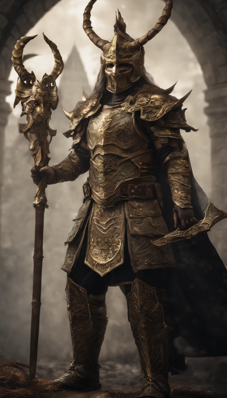 warrior, concept-art, author:Kishiganku, Fantasy art, Zen temple background, clean render, a horned, Wear a set of armor, Detailed bushido form smoke, helmet of a forgotten deity, character is standing, 8k Realistic, in game render, detailed face background detail, Art station front page, taur, Pseudo-medieval fantasy, A deity wearing koi armor, detailed bronze armor, Bronze armor, golden etched armor, gold obsidian armor, Light gold armor, Gorgeous filigree armor, A demonic warrior, Gorgeous armor full of thorns, Intricate assasin armor, Intricate metal armor, powerful warrior, Dressed in gorgeous golden armor,Decorated with intricate patterns, The helmet has a large crown and two horns, Everything is in the dark, The smoky background alludes to battle scenes, Add an ominous aura to his character,Huge demon wings of demons,submission, Full body shot.