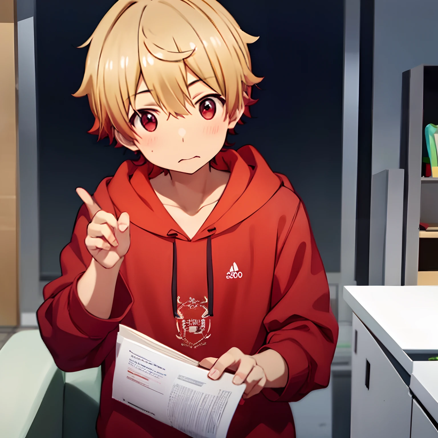 1boy, solo, Uchimaki_Subaru,red eyes, blondehair,black hoodie,