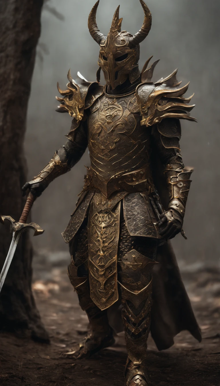 warrior, concept-art, author：Kishiganku, Fantasy art, Zen temple background, clean render, a horned, Wear a set of armor, Detailed bushido form smoke, helmet of a forgotten deity, character is standing, 8k Realistic, in game render, detailed face background detail, Art station front page, taur, Pseudo-medieval fantasy, A deity wearing koi armor, detailed bronze armor, Bronze armor, golden etched armor, gold obsidian armor, Light gold armor, Gorgeous filigree armor, A demonic warrior, Gorgeous armor full of thorns, Intricate assasin armor, Intricate metal armor, powerful warrior, Dressed in gorgeous golden armor，Decorated with intricate patterns, The helmet has a large crown and two horns, Everything is in the dark, The smoky background alludes to battle scenes, Add an ominous aura to his character，Huge demon wings of demons，submission, Full body shot.